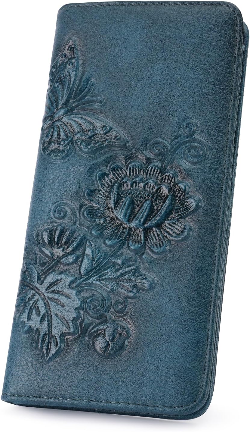 Wallet Women Ultra Slim Thin Rfid 3D Embossed Vegan Leather Womens Wallet Clutch Long Ladies Wallet (05-Dark-Blue)