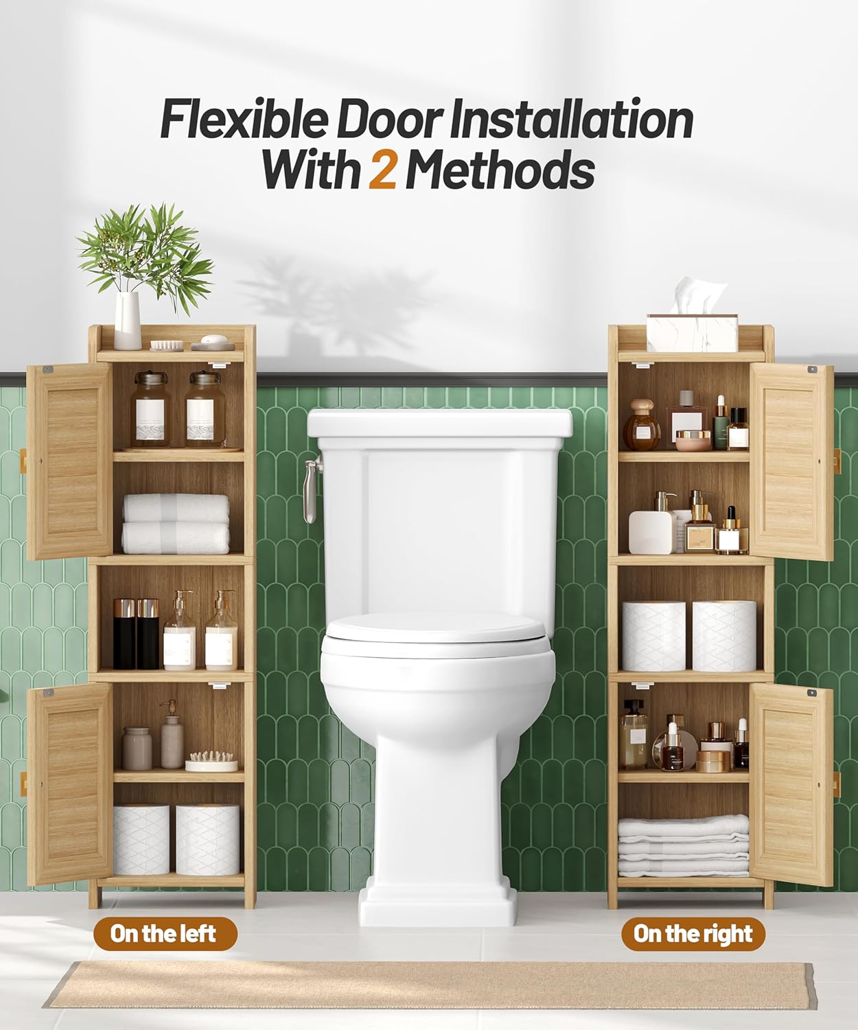 Rattan Small Bathroom Cabinet with 2 Doors, 7.9''D x 9.8''W x 34.8" H Narrow Floor Cabinet with Adjustable Shelf, Bathroom Organizer for Small Spaces, Wooden Corner Unit, Natural Oak