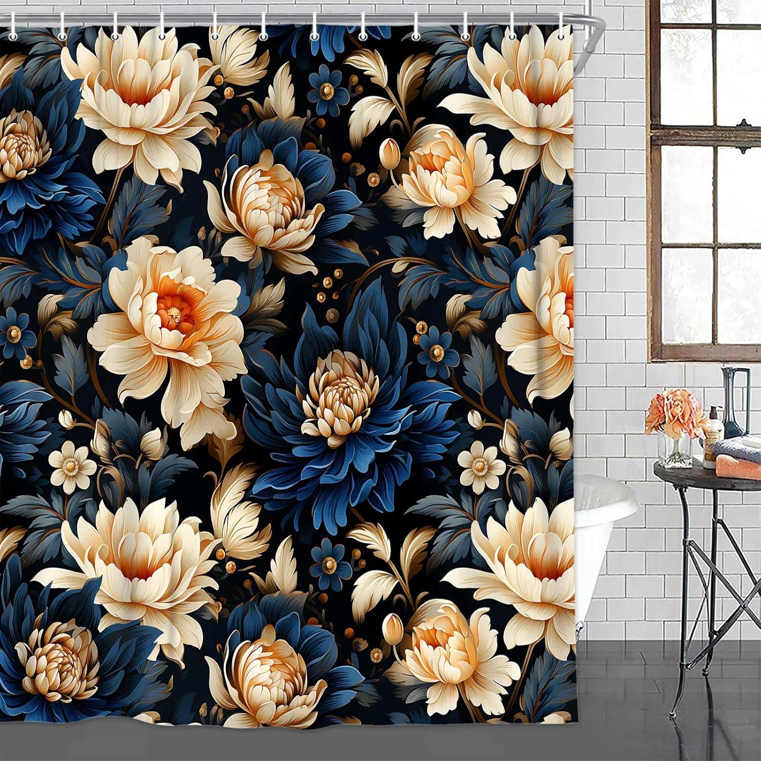 Drgilau Floral Shower Curtain for Bathroom, Blue Floral Shower Curtain Romantic Vintage Floral Shower Curtain Set, Waterproof Boho Floral Shower Curtain Set with Hooks for Bathroom Decor 72X84 Inch