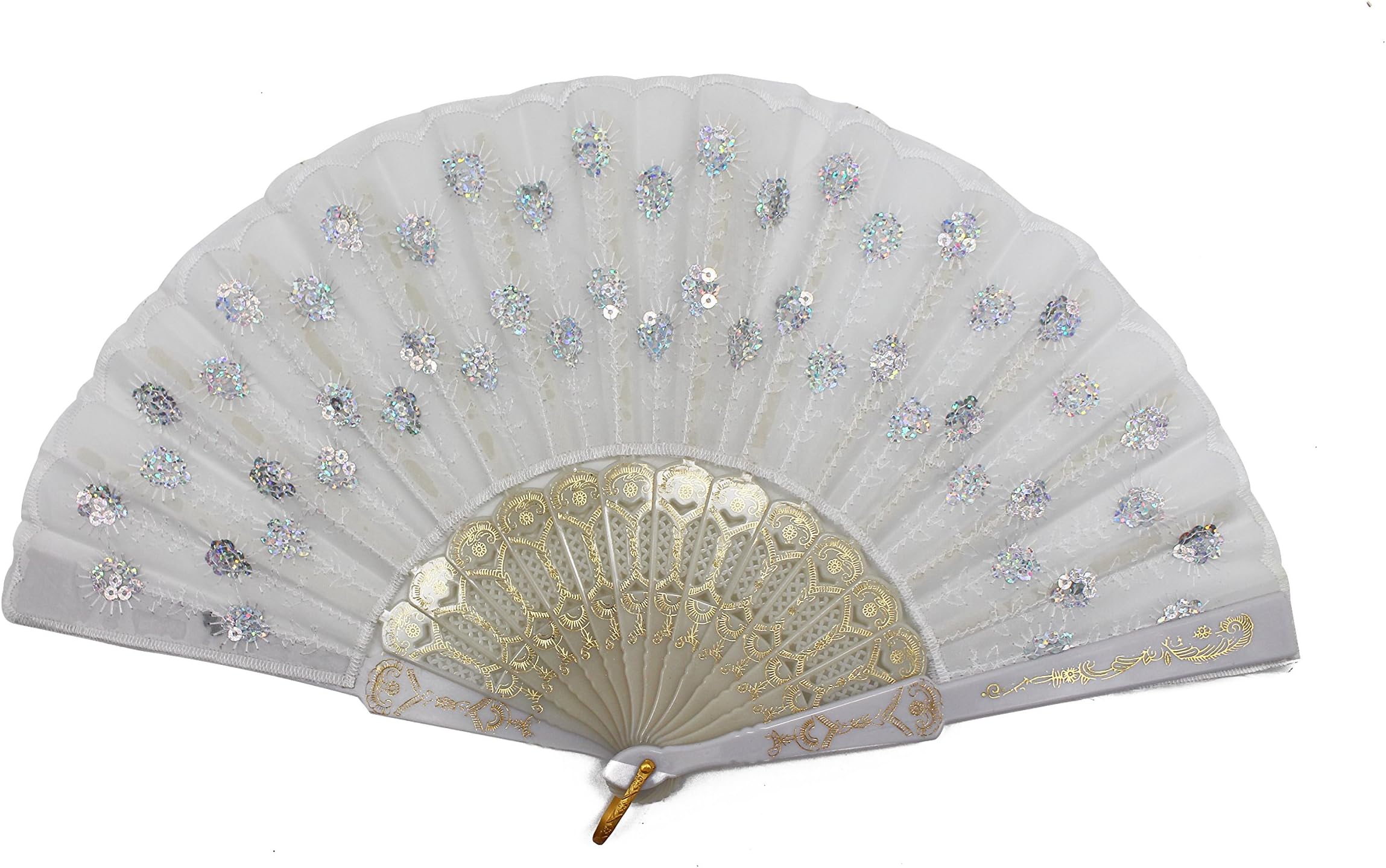 Hand Sequin Folding Fan, 9'' Peafowl Handmade Fan Perfect Ballet and Dance Fan, Fabric Folding Fan for Party, Wedding and Dance Decoration (White)