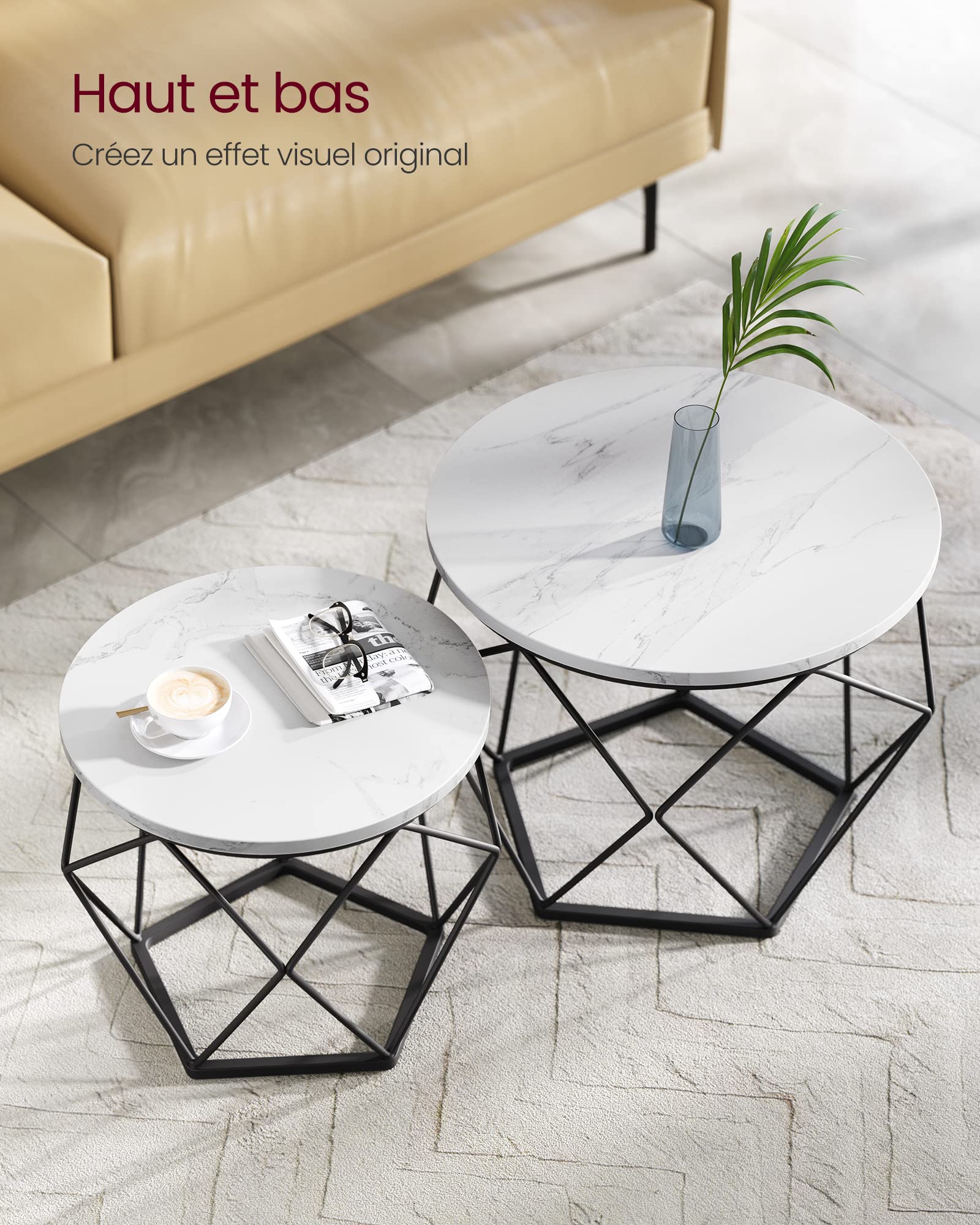 VASAGLE Table Basse Ronde, Lot de 2, Table d’Appoint, Bout de Canapé, Style Moderne, Plateau Amovible, Cadre en Acier, pour Salon, Blanc et Noir LCT041W59