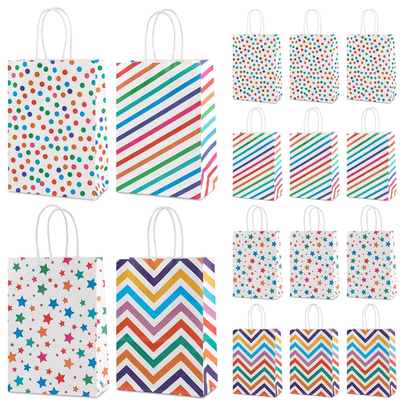 Ktxaby 16 Pcs Small Gift Bags with Handles Happy Birthday Gift Bags,Bulk Party Favor Paper Bag,4 Style Colorful Goodie Bags for Birthday Party Supplies(15 x 8 x 21cm)
