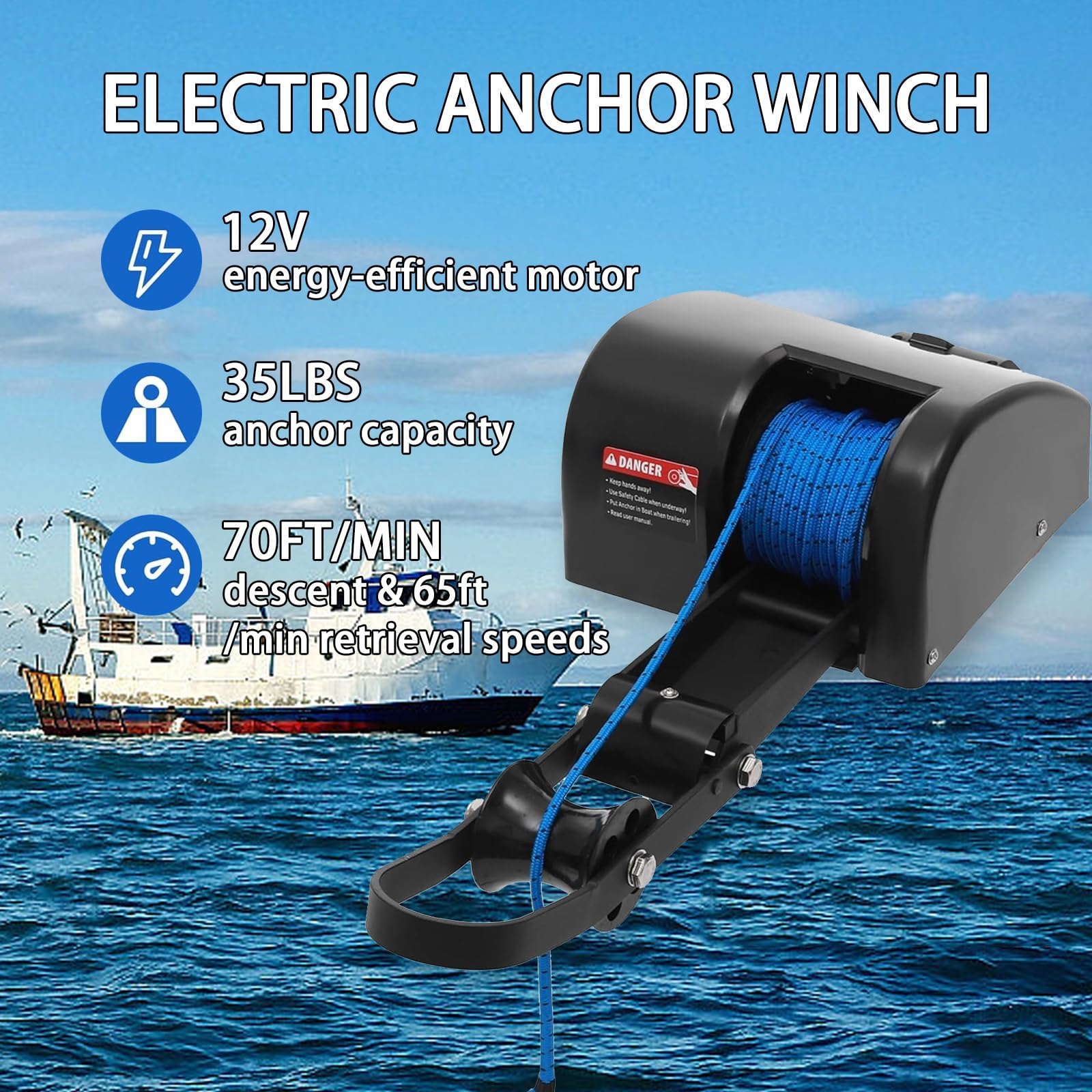 Verricello elettrico per barca, salpa ancora 12 V con telecomando, kit di stoccaggio di ancoraggio 15,9 kg, interruttore impermeabile per motoscafi e barche da pesca