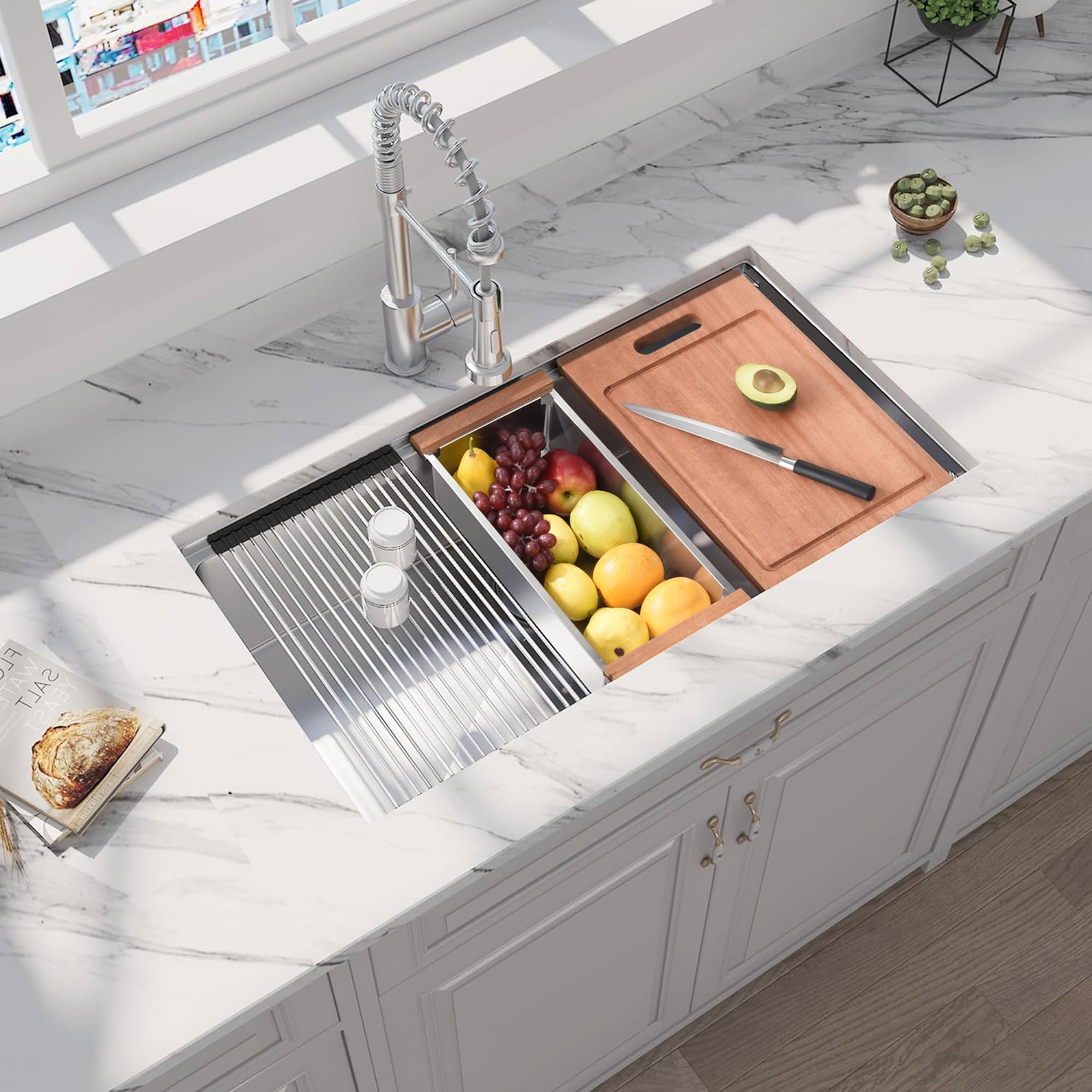 Lavello da cucina sottopiano da 81,3 cm, in acciaio inox, realizzato a mano, moderno, a vasca singola, profondo, R10, con sporgenza e accessori (confezione da 5)