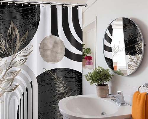 Miniatura 2 de Cortina de ducha moderna de mediados de siglo en blanco y negro, cortinas de ducha para hombre, juego de decoración de baño para hombres, patrón