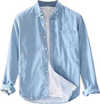 Mens Denim Shirt with Chest Pockets Long Sleeve Button Cowboy Jacket Regular Fit Casual Jean Work Shirts