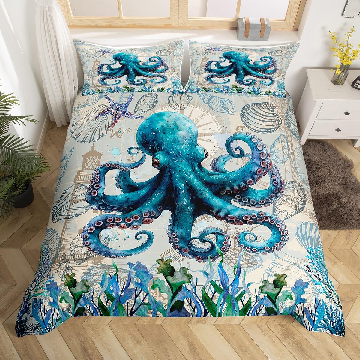 Homemissing Octopus Bedding Set Sea Themed Duvet Cover Set for Kids Boys Girls Shells and Corals Comforter Cover Blue and Brown Quilt Cover Room 3Pcs Super King Size,Zipper