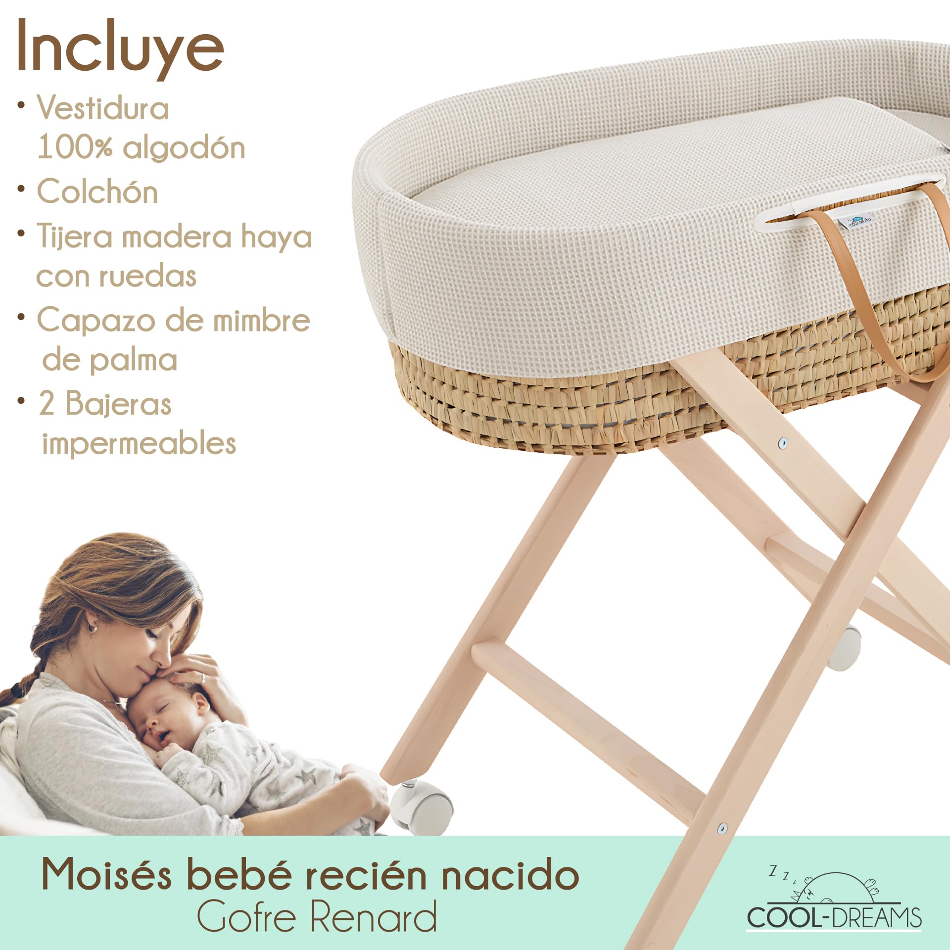 Moisés para bebé Recien Nacido, Incluye vestidura 100% algodón, colchón, Tijera Natural con Ruedas, capazo de Mimbre de Palma Natural y 2 bajeras Impermeables (Gofre Renard) CoolDreams