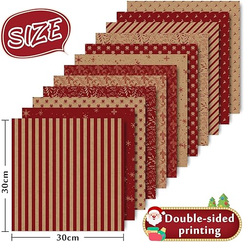 Miniatura 2 de Whaline Paquete de 24 papel de patrón navideño de 11.8 x 11.8 in, papel rústico de recortes de Navidad, 12 diseños de papel kraft de doble cara,