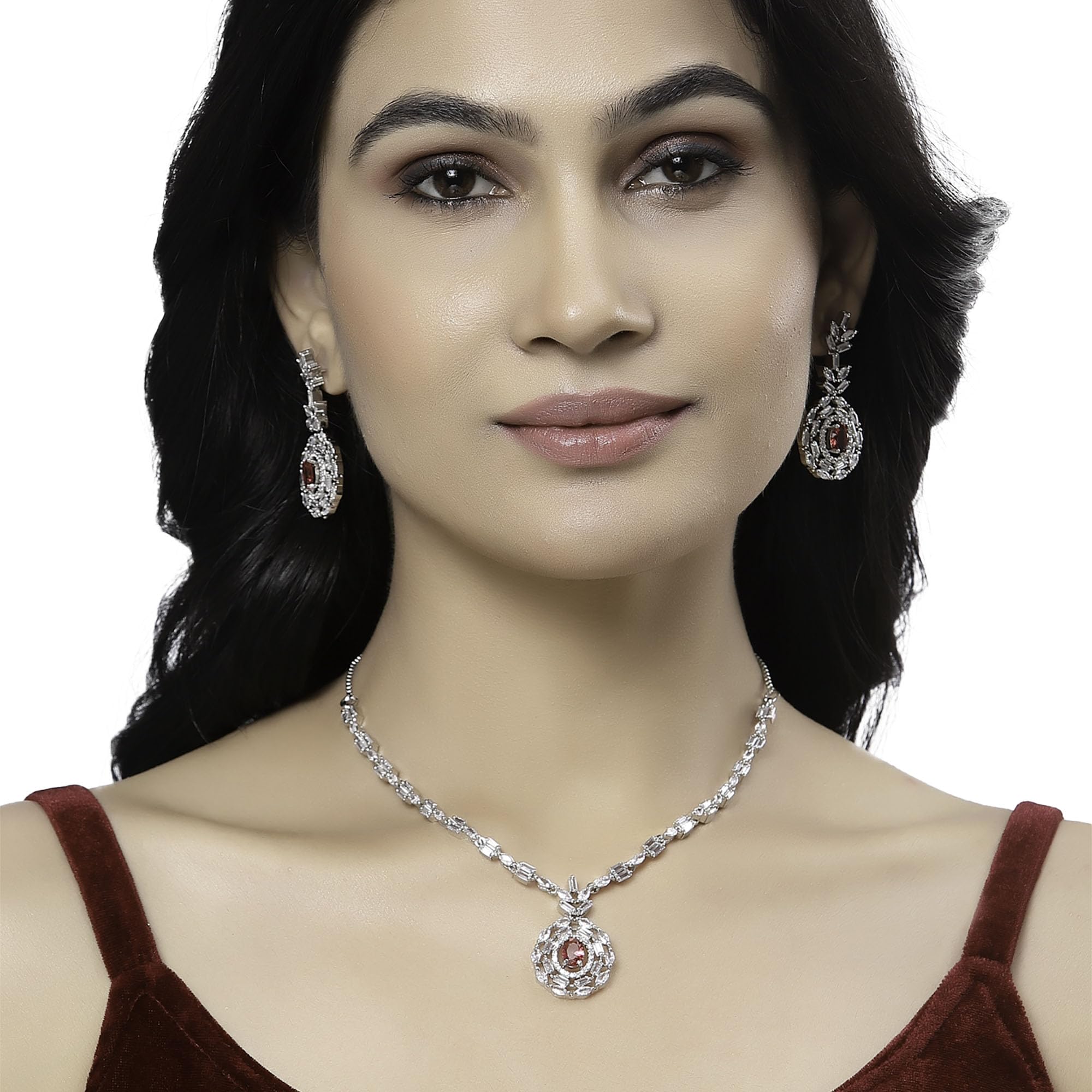 Rhodium-Plated American Diamond Necklace & Earring Set