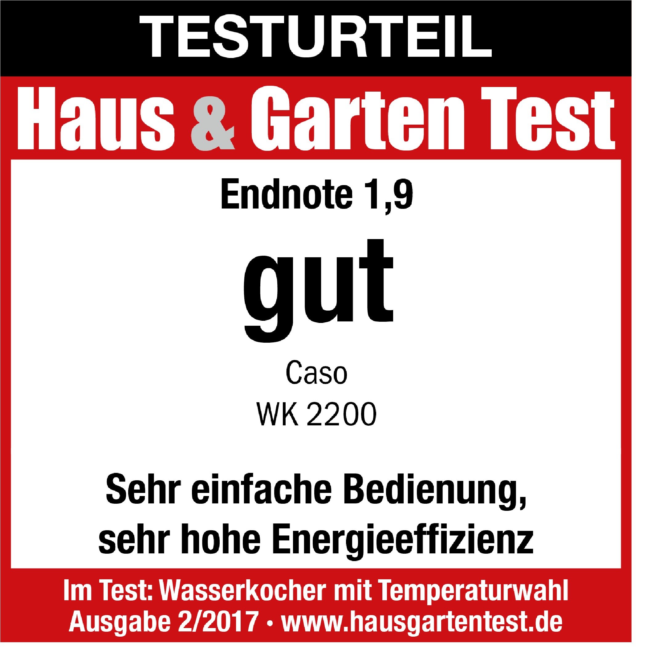 CASO WK 2200 Wasserkocher, Leistungsstarke 2200 Watt, Kompakte Größe mit 1,2 Liter Kapazität, 10 °C-Schritte von 10-100 °C, Zur Reinigung entnehmbarer Anti-Kalkfilter, 1870