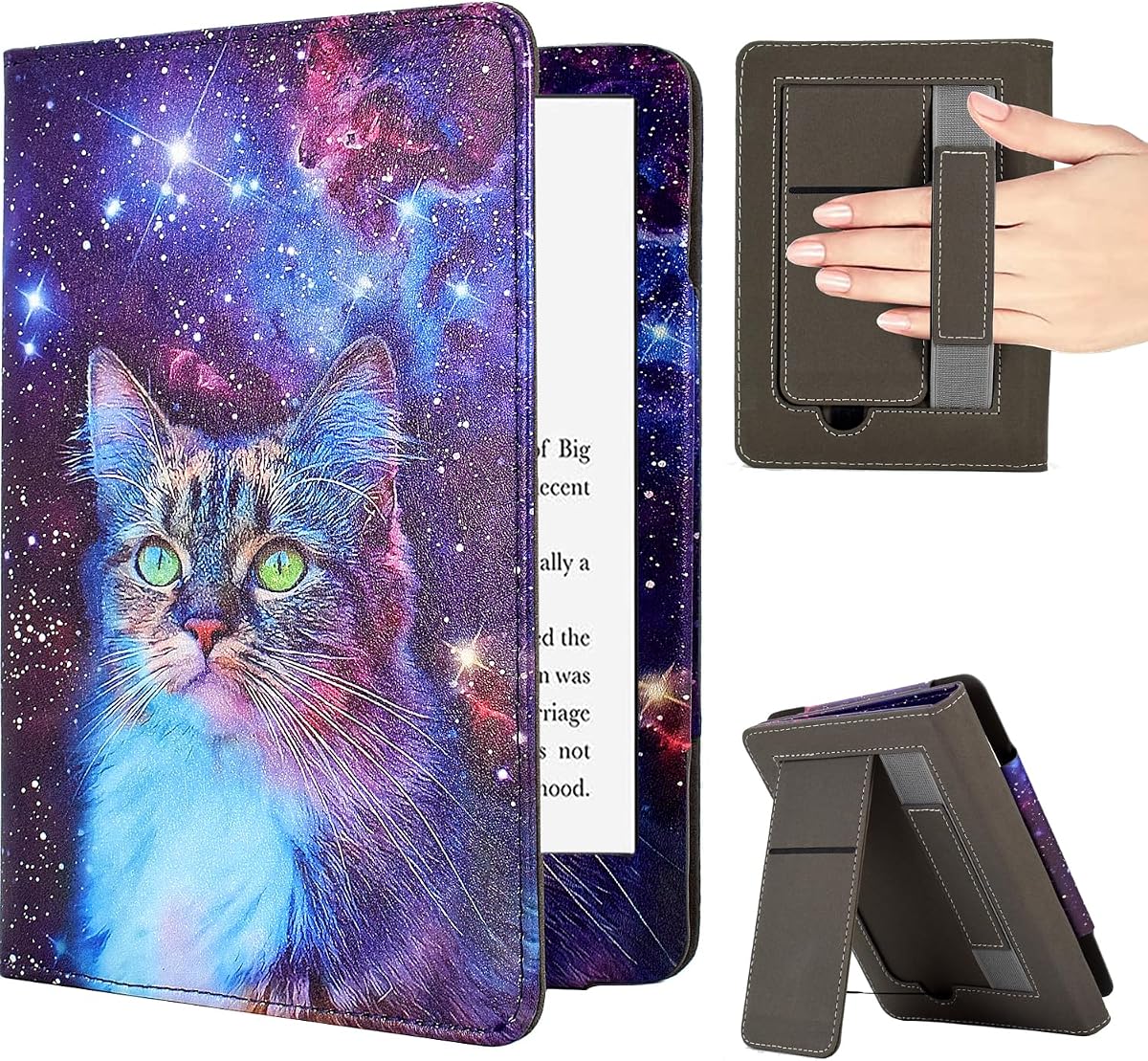 Case for 7"/6.8" Kindle Paperwhite (12th/11th Gen, 2024/2021), Kindle Colorsoft Signature Edition Case, PU Leather Foldable Stand Cover with Hand Strap & Auto Wake/Sleep, Space Cat