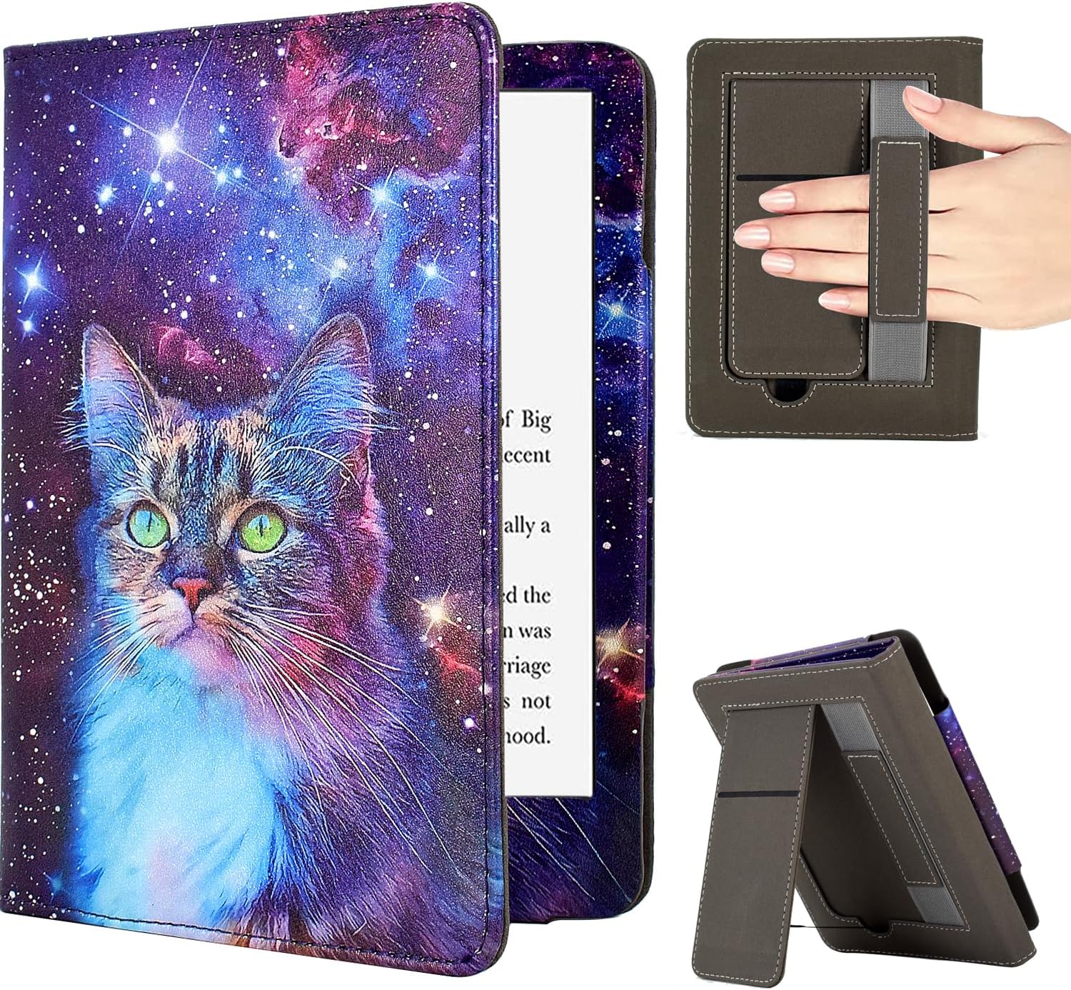 Case for 6" Kindle Paperwhite (10th/7th/6th/5th Generation, 2012-2018 Release), Premium PU Leather Cute Cover Case with Foldable Stand, Hand Strap, Card Slot, Auto Sleep/Wake - Space Cat