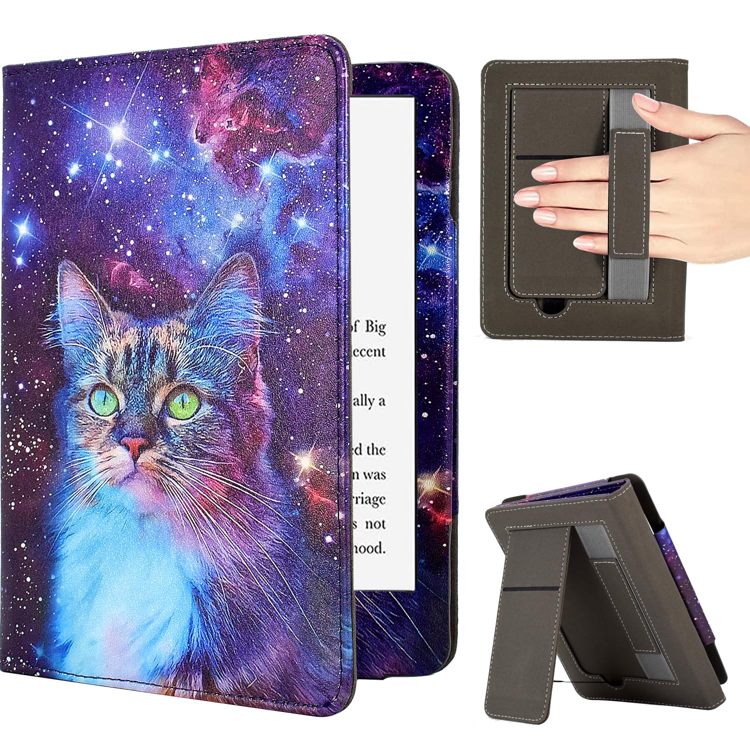 KEROM Case for 6.8" Kindle Paperwhite (11th Generation, 2021) and Signature Edition, Premium PU Leather Stand Cover Case with Hand Strap, Card Slot, and Auto Sleep Wake, Space Cat