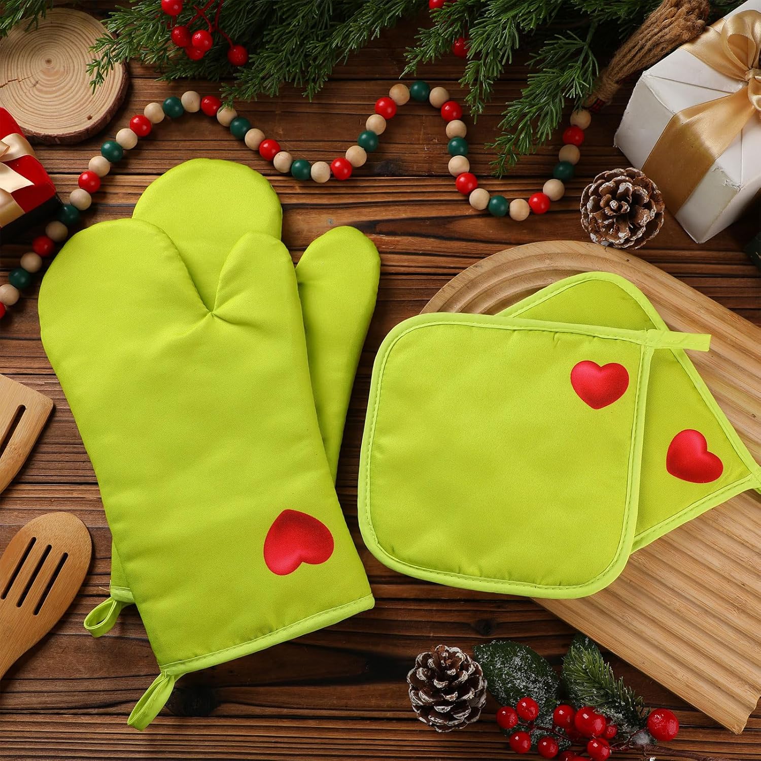 LemonRoad 4pcs Christmas Lime Green Oven Mitt and Pot Holder with Red Heart Set Pocket Lime Green Oven Glove Pot Holder Farmhouse Potholders for Kitchen Cooking Baking Grilling Christmas Party