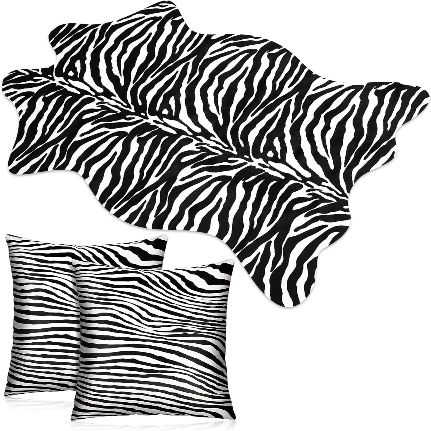 3 Pcs Zebra Print Rug and Zebra Pillowcase Set Faux Zebra