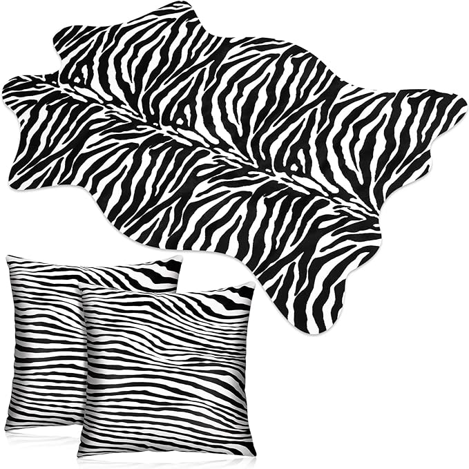 3 Pcs Zebra Print Rug and Zebra Pillowcase Set Faux Zebra