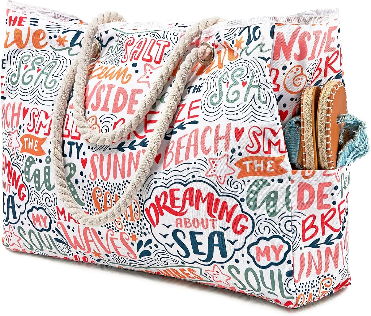Tavaleu Beach Bags for Women Large Tote Bag Sandproof Pool Gym Travel | Waterproof Material,Zipper Closure,Multi Pockets,Rope Handle,Foldable Packable, Fashion Pattern,Travel Swim Pool Grocery
