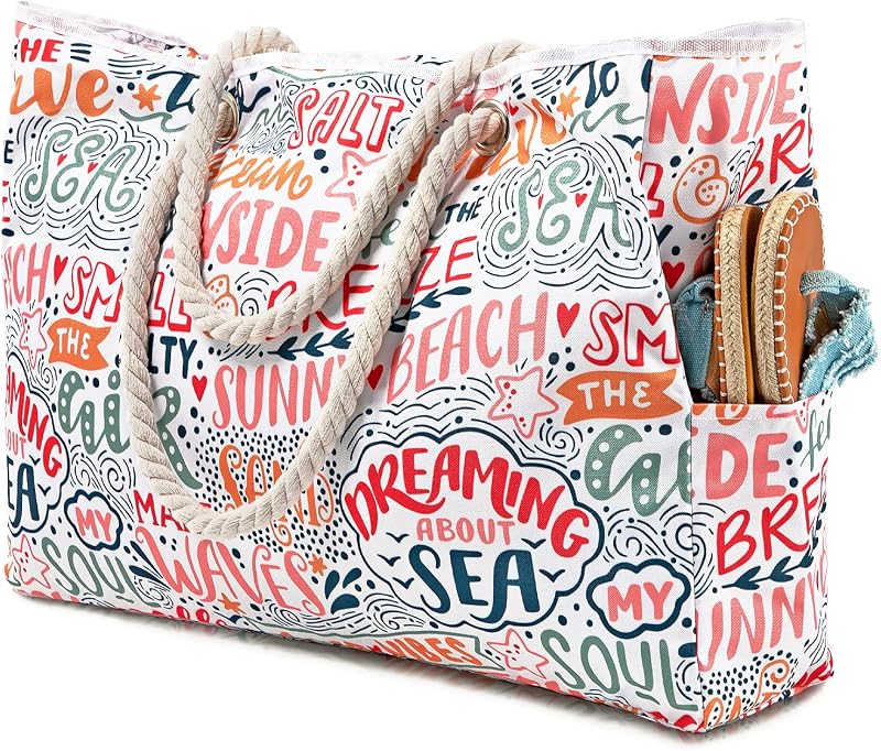 Tavaleu Beach Bags for Women Large Tote Bag Sandproof Pool Gym Travel | Waterproof Material,Zipper Closure,Multi Pockets,Rope Handle,Foldable Packable, Fashion Pattern,Travel Swim Pool Grocery
