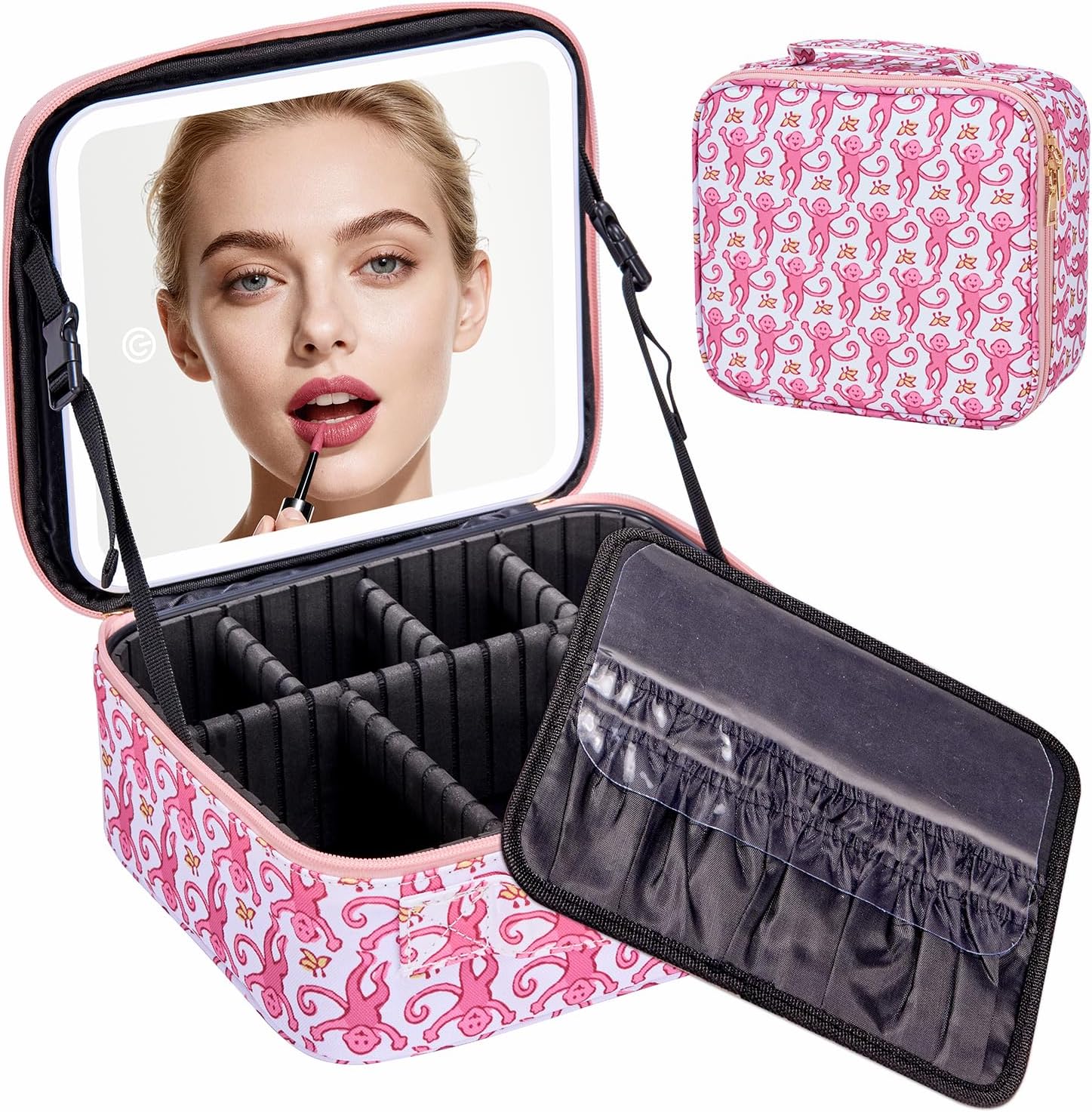 Travel Makeup Bag Organizer with LED Mirror, Portable Monkey Cosmetic Train Case with Adjustable Dividers, Brush Storage Board for Women Christmas Thanksgiving Valentine Birthday Gift (Pink)