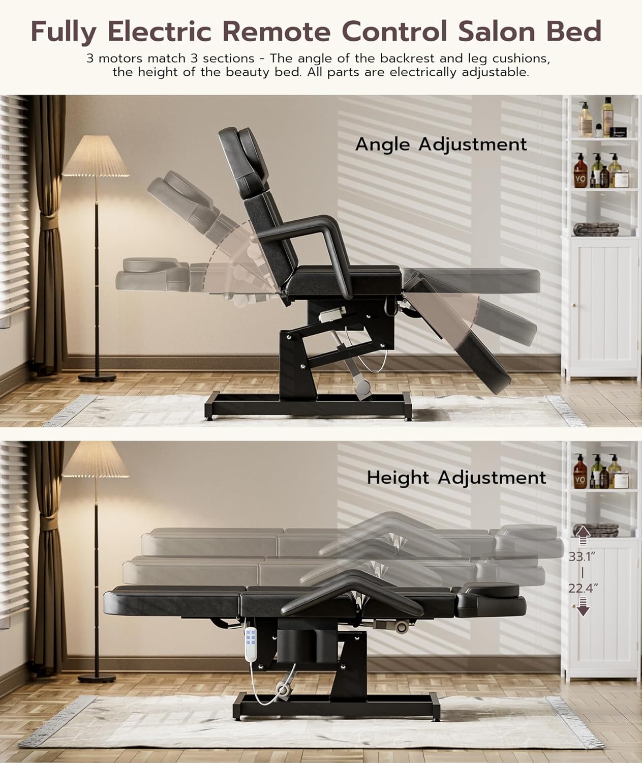 Icoget Fully Electric Esthetician Bed Tattoo Chair, 3 Motor Facial Chair for Client, Professional Spa Beauty Bed Massage Table for Lash Extensions, All Remote Control, Black