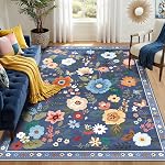 RELEANY Floral Area Rug 5x7 Boho Washable Rugs for Living Room Soft Print Flower Non Slip Low Pile Indoor Carpet for Bedroom Kitchen Room Farmhouse Home Decor Doormat-Black