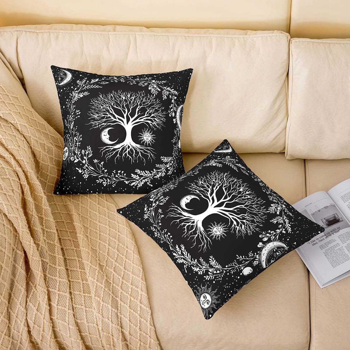 Set of 2 Tree Of Life Throw Pillow Covers 24x24 Sun And Moon Pillow Covers Kids Teens Bedroom Decor Black And White Cushion Covers Gothic Bohemian Flower Galaxy Stars Decorative Accent Pillow Cases
