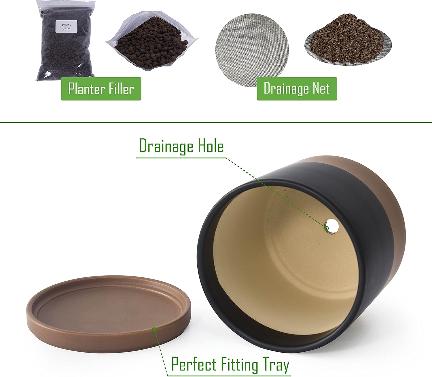 SUNCN 8インチ セラミック プランターポット 排水穴とソーサー付き 屋内 円柱 ラウンド プランターポット ブラック/斑点 タ