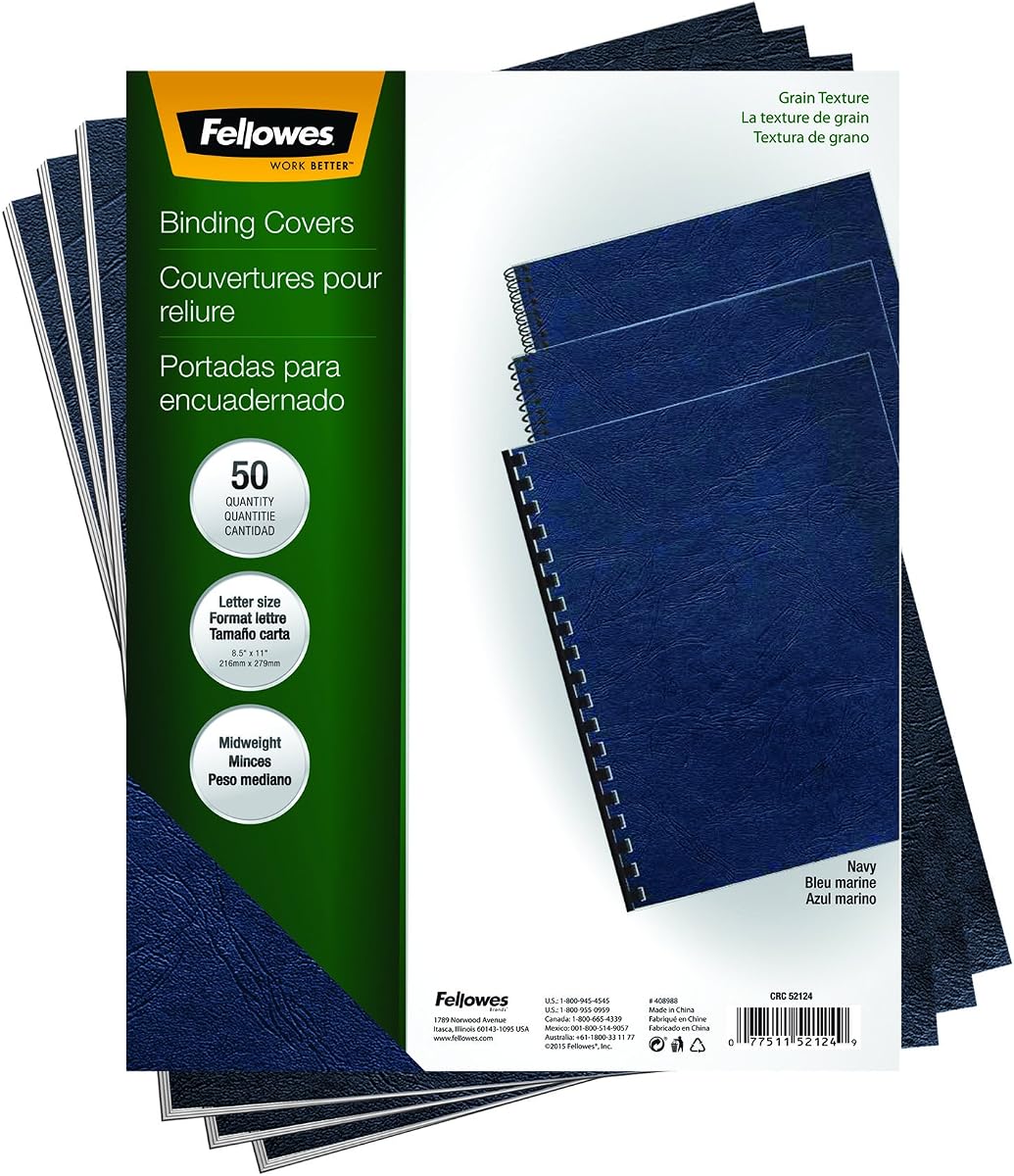 Fellowes Letter Size Binding Covers Expressions Grain, 50-Pack, Navy (52124)