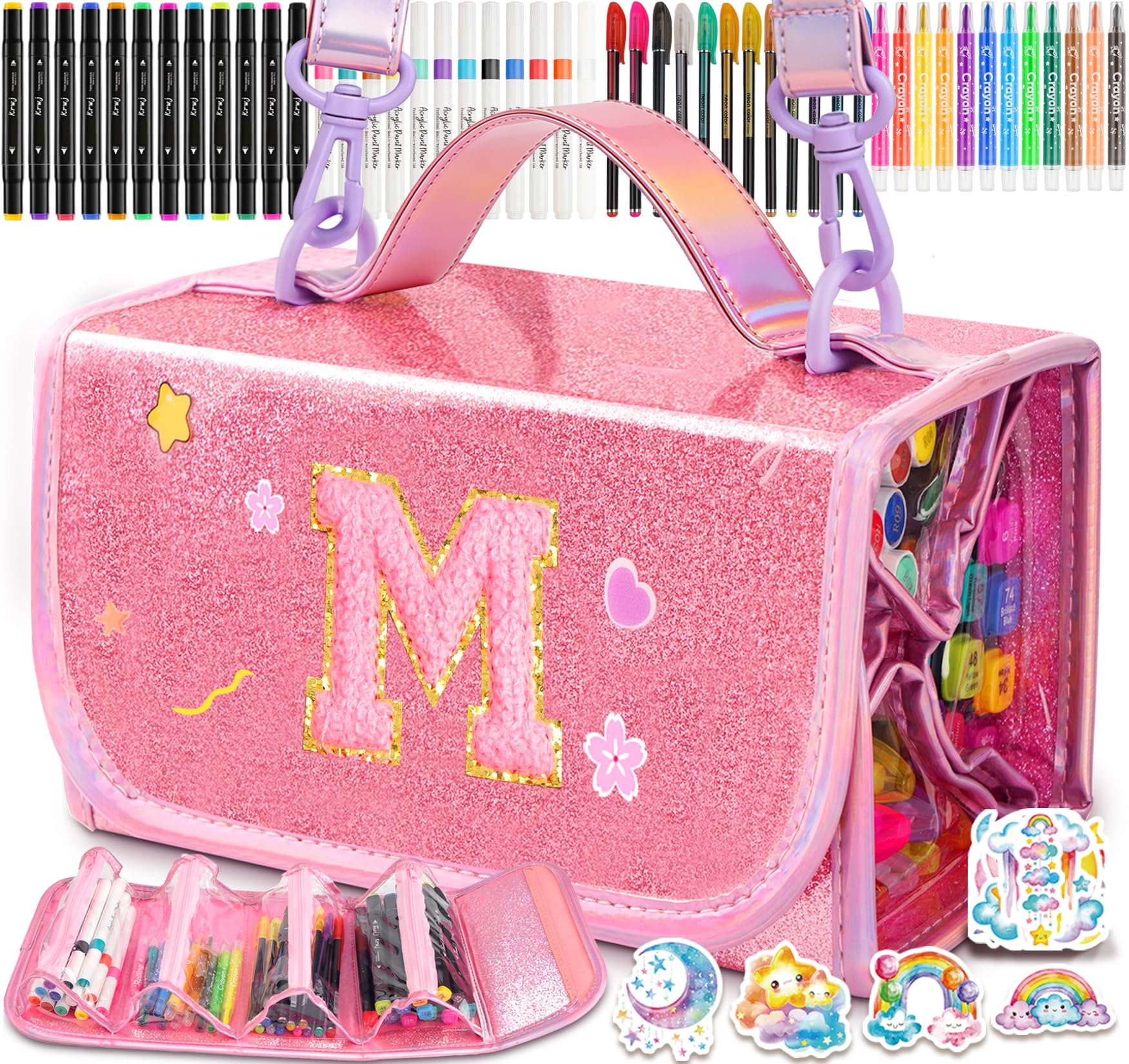 SHXWELL 69 PCS Initial Washable Scented Markers Set with Glitte Pencil Case Shoulder Strap, Personalized Art Supplies and Crafts for Kids Ages 4-6-8, Birthday Gifts for Girls Coloring Markers Set (M)
