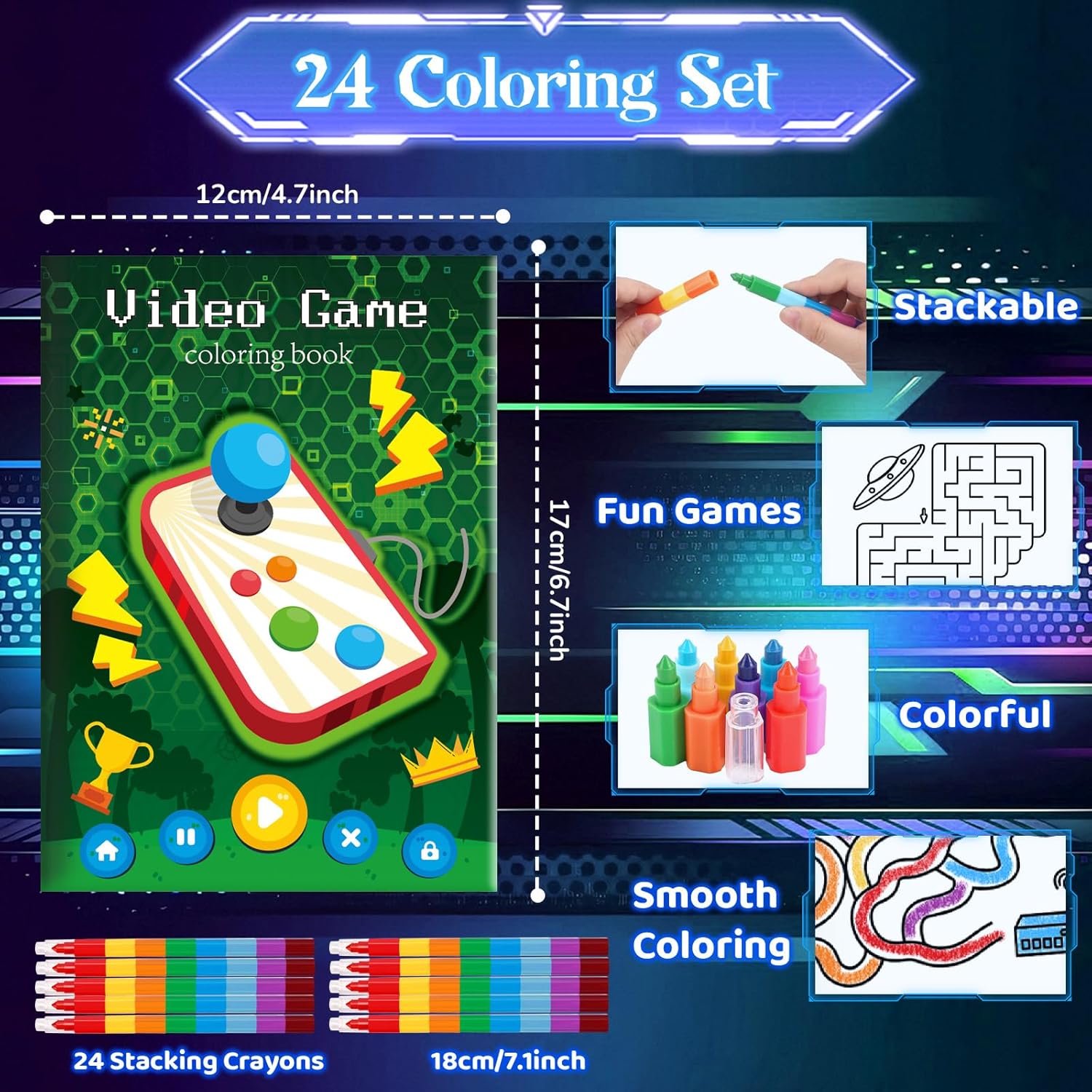 BenLouis 24 Video Game Mini Coloring Books Kids with 24 Stacking Crayons Gaming Party Favors Activity Books Bulk for Kids Boys Neon Game Level Up Goodie Bag Gift Stuffer Classroom Reward
