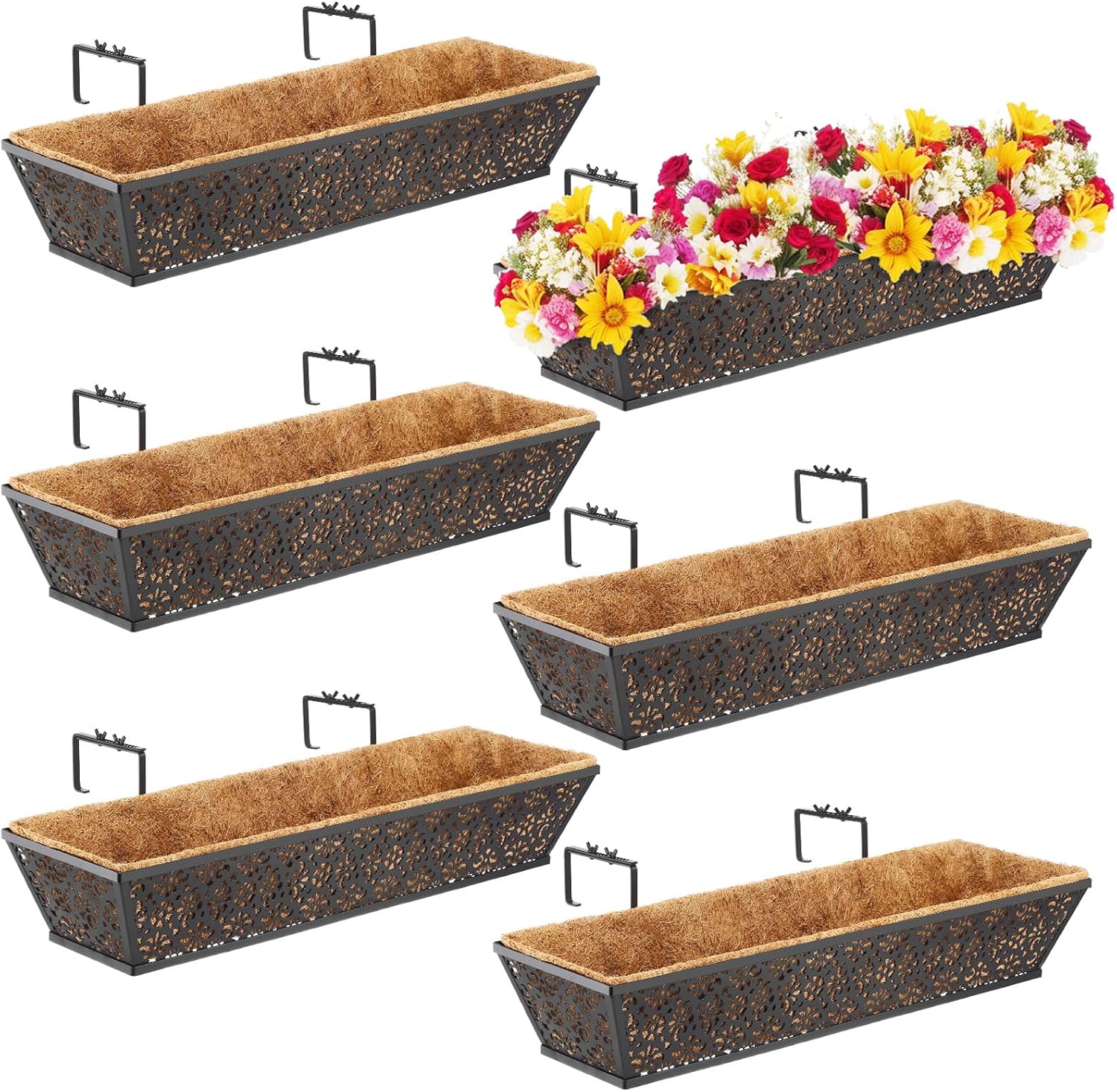 Geetery 6 Pack Window Railing Planter 30 Inch Deck Black Metal Hanging Flower Planter Basket Window Boxes Railing Planter Basket with Coconut Liner for Patio Fence Porch Balcony(Vivid)