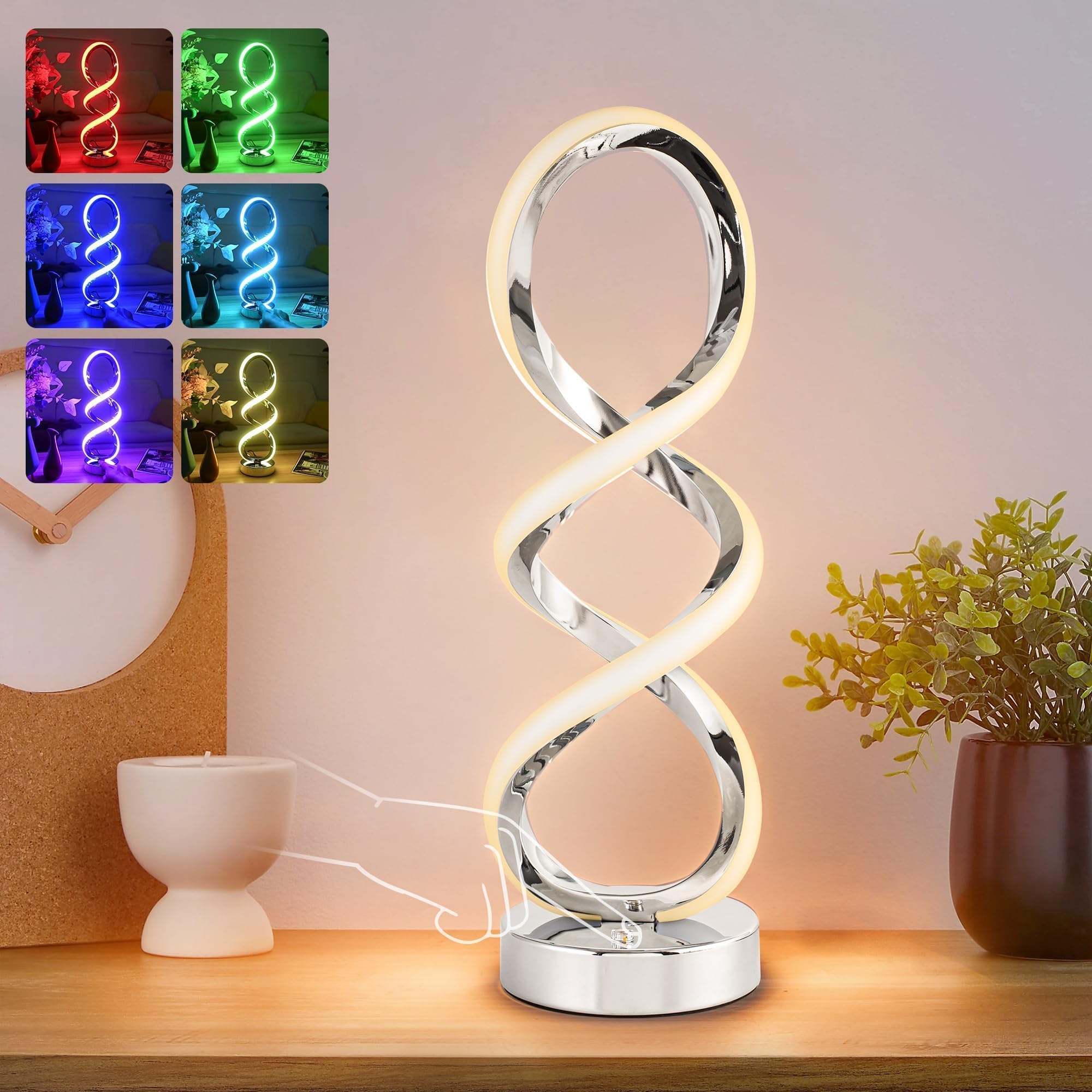 Modern Spiral RGB Table Lamp, Touch Dimmable Bedside Lamp, 7 Colors 10 Light Modes Spiral Design Table Lamp, Unique Nightstand Lamp for Living Room, Bedroom, Cool Lamps, Silver