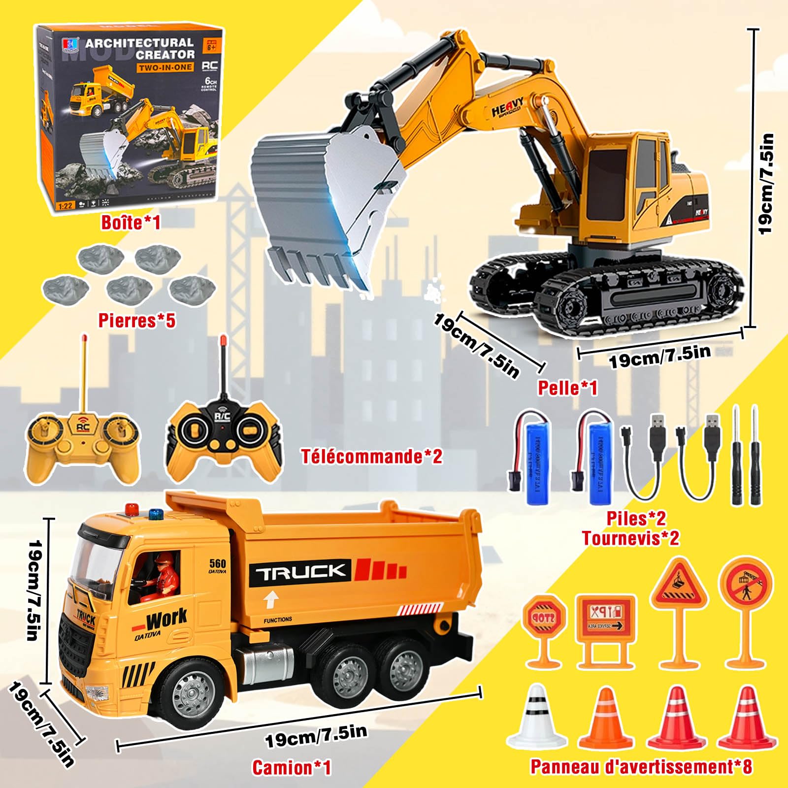 Pelleteuse Télécommandée et Camion-Benne Télécommandé, 2 Véhicules de Chantier 2.4GHz avec Panneaux Routiers, Barrières, Pierres Simulées, Lumières, Sons, Cadeau d'anniversaire pour Enfants de 6 Ans