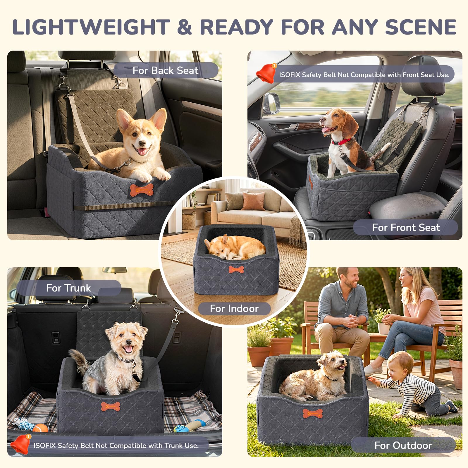Dog Car Seat for Small Medium Dogs, 6" Elevated Booster Seat with ISOFIX Safety Fixation, Washable Cover & High Density Memory Foam, Portable for Car Front/Rear/Trunk Home Outdoor Use (Charcoal Gray) - image 7