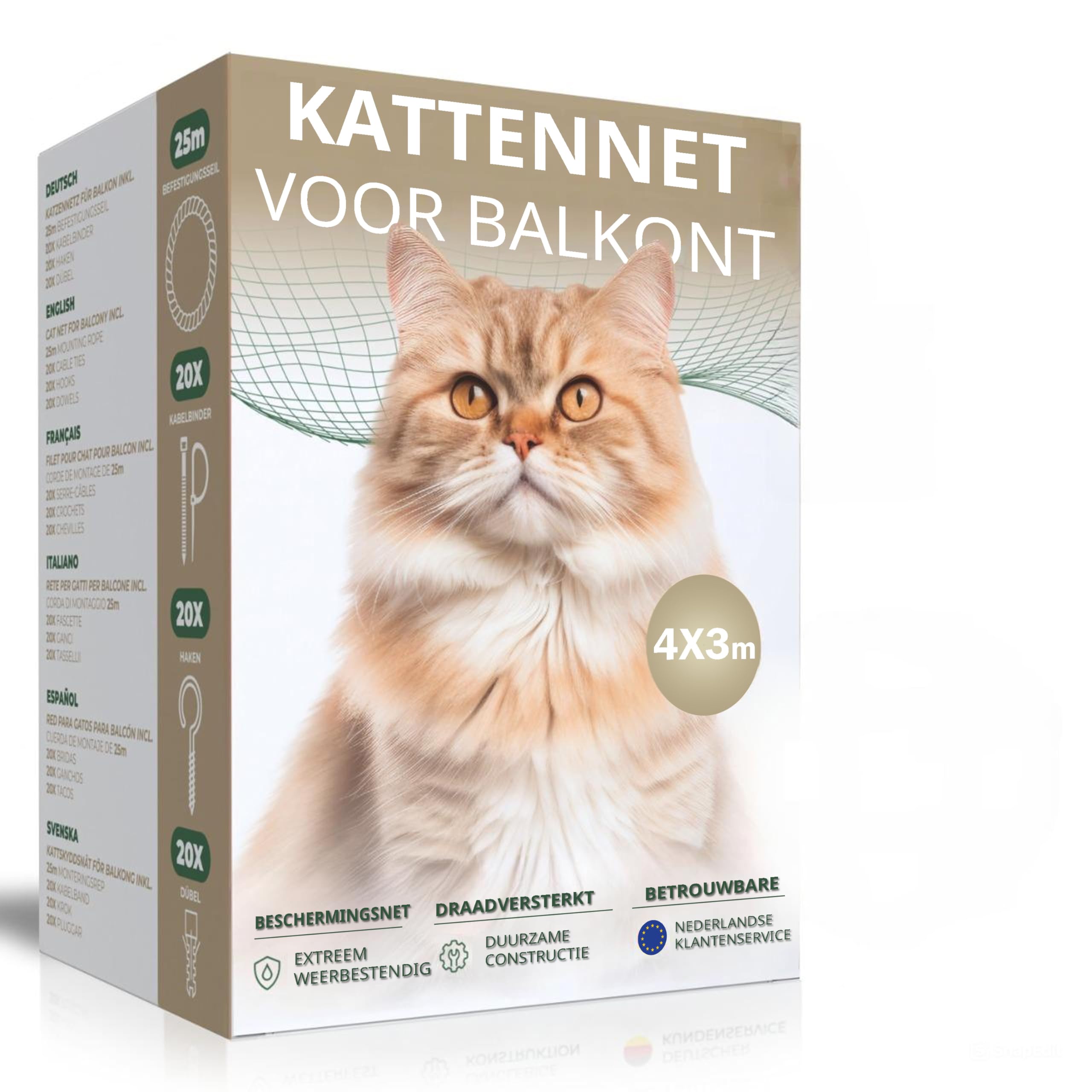 NieKilig Kattennet voor Balkons, 4x3m Kattenrooster Zonder Boren, Transparant Kattenbeschermingsnet voor Katten om Balkons, Terrassen, Ramen, Dakramen, Deuren, Hekken te Beveiligen