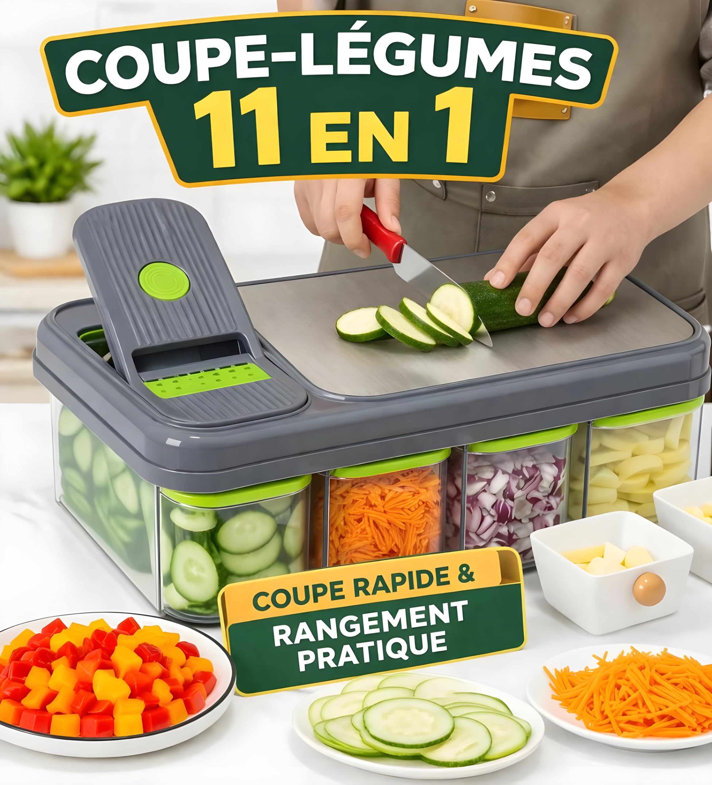 Coupe-Légumes Multifonction 11-en-1 – Mandoline, Coupe-Frites, Râpe et Hachoir Manuel avec 11 Lames Inox – Récipient de Conservation Intégré – Découpe Rapide Fruits et Légumes