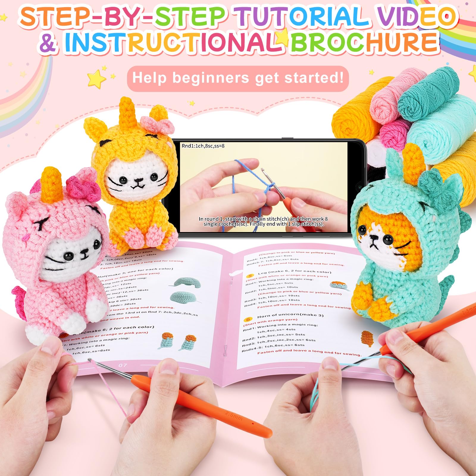 Cat Crochet Kit For Beginners with Video,Unicorn Cat Crochet Kit Cosplay Animal Knitting Kit Crocheted Animal Kits Complete Kitten Crochet Starter Animals Cosplay Set Beginners Crocheted Cats Kit - Image 4