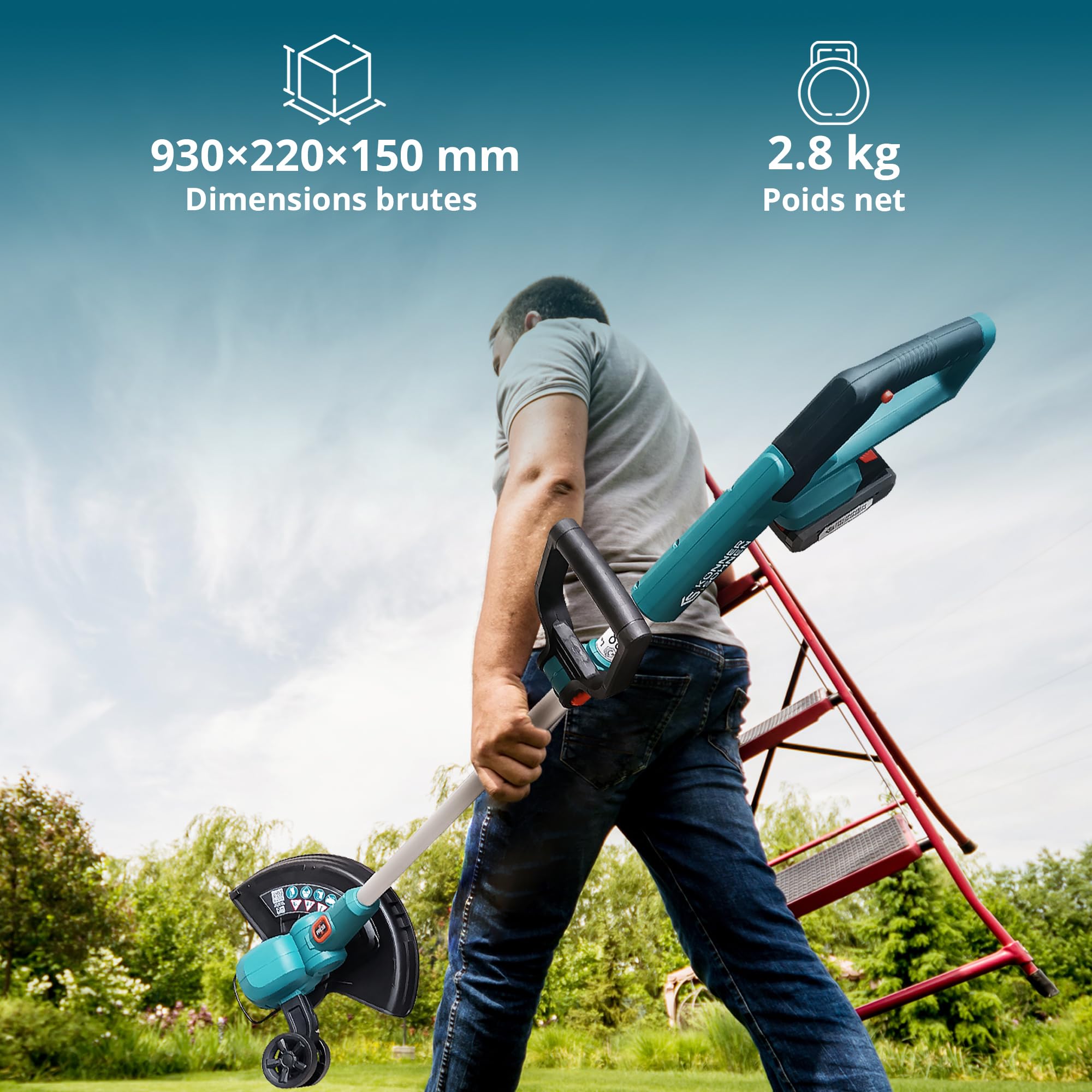 Könner & Söhnen KS CST-20V akumulatorowa podkaszarka 20 V 2,0 – 4,0 Ah z drążkiem teleskopowym, obrotowym uchwytem, kółkiem prowadzącym i 2 trybami pracy: podkaszarka do trawy i przycinanie krawędzi