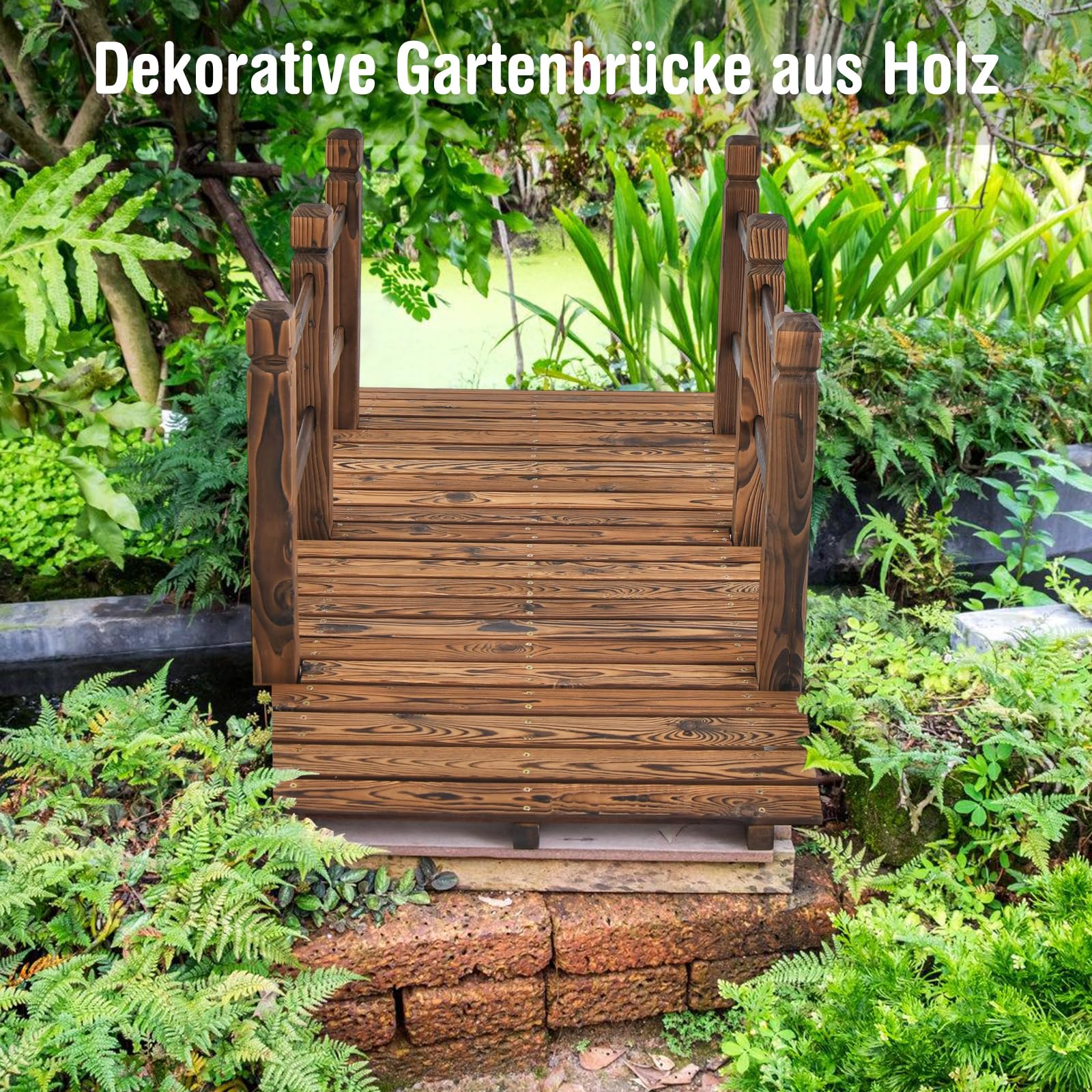 COSTWAY Brücke, Teichbrücke Gartenbrücke, Holzbrücke mit Geländern, Zierbrücke bis 180 kg belastbar, aus massivem Tannenholz, Dekobrücke für Garten Teich Außenbereich, 150 x 67 x 55 cm (Braun)