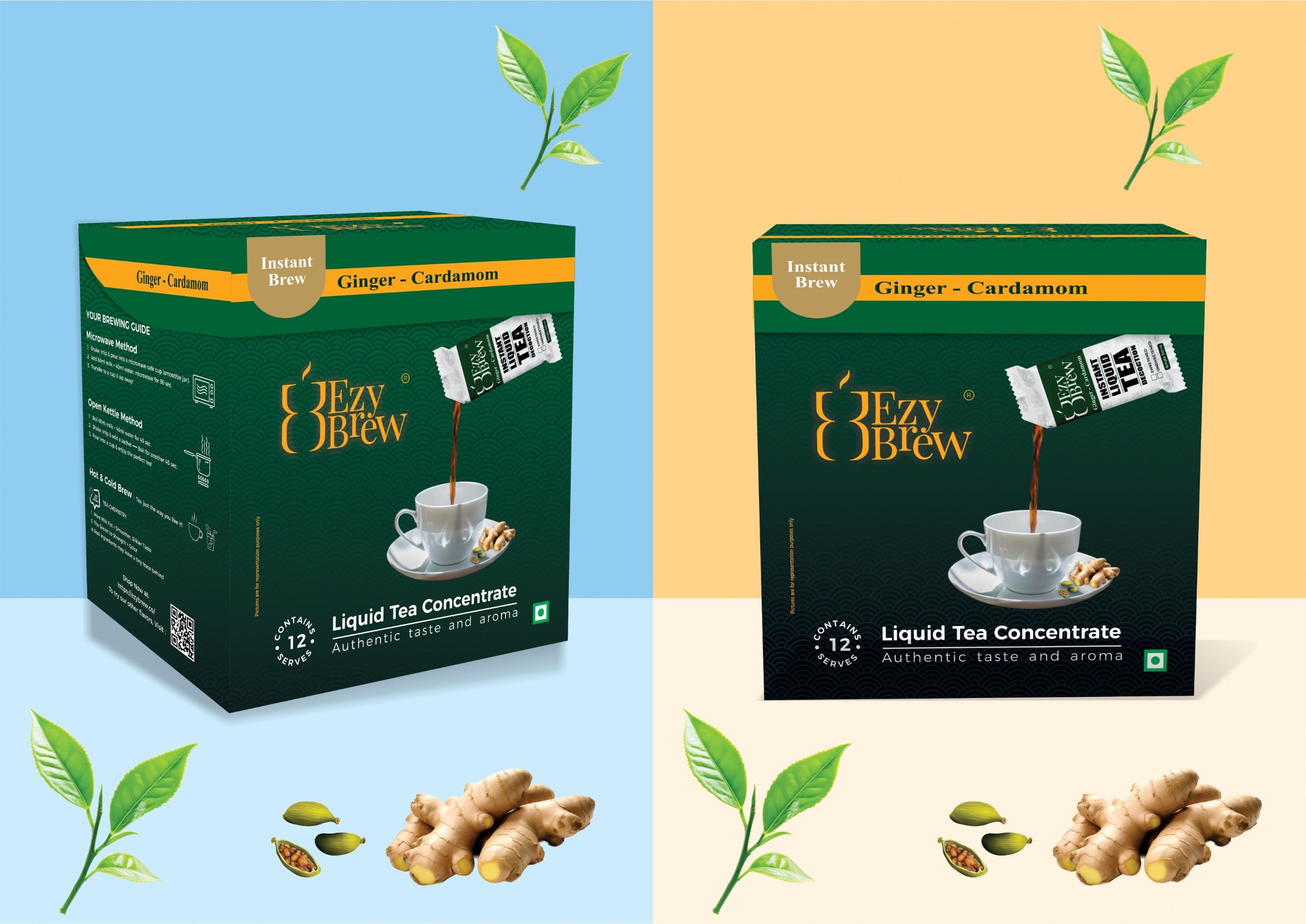 EzyBrew Instant Liquid Tea Concentrate I Ginger Cardamom I Ready to brew I 90 Sec I Assam Premium Chai I Pack of 12 sachets
