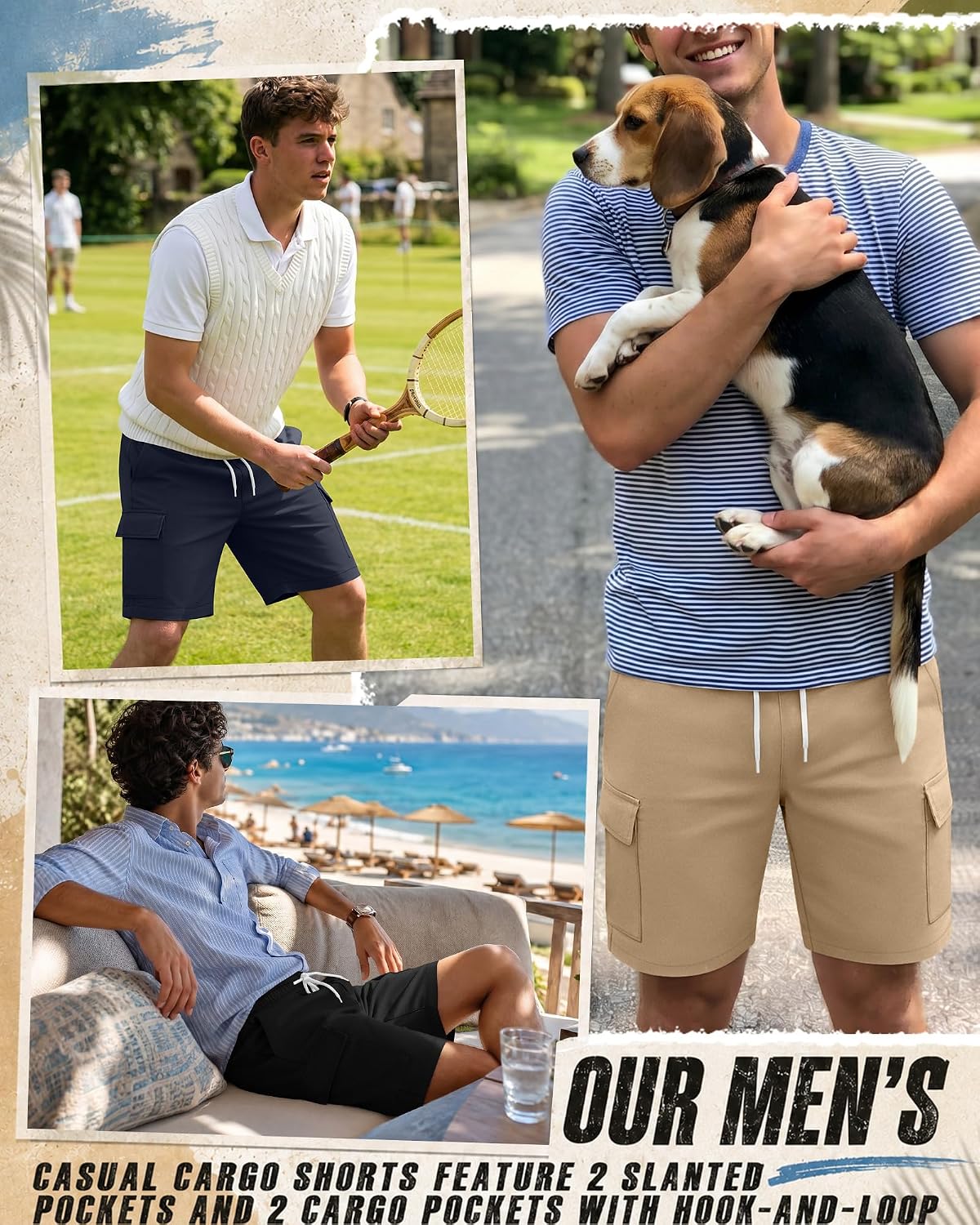 August Alley 3 Pack Men's Cargo Shorts Cotton Summer Casual Work Shorts Drawstring Elastic Waist Stretch Bottoms with Pockets