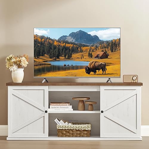 VASAGLE Farmhouse TV Stand for TVs up to 65 Inches, Entertainment Center with Storage Cabinets and Sliding Barn Doors, Media Console Table for Living Room, Rustic White and Honey Brown ULTV535W01
