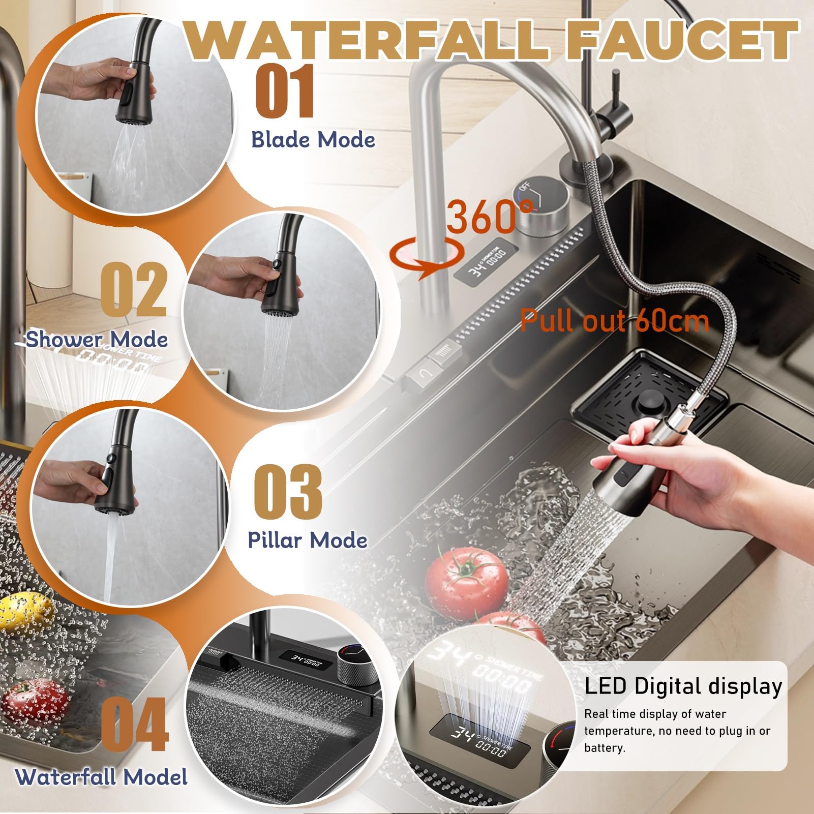 Lavello A Cascata, Lavello Da Cucina In Acciaio Inox Nero, Postazione Di Lavoro A Una Vasca Con Lavabicchieri, Cestello Di Scarico E Rubinetto Estraibile, Lavello Da Montare In Alto, Con Rivestimento