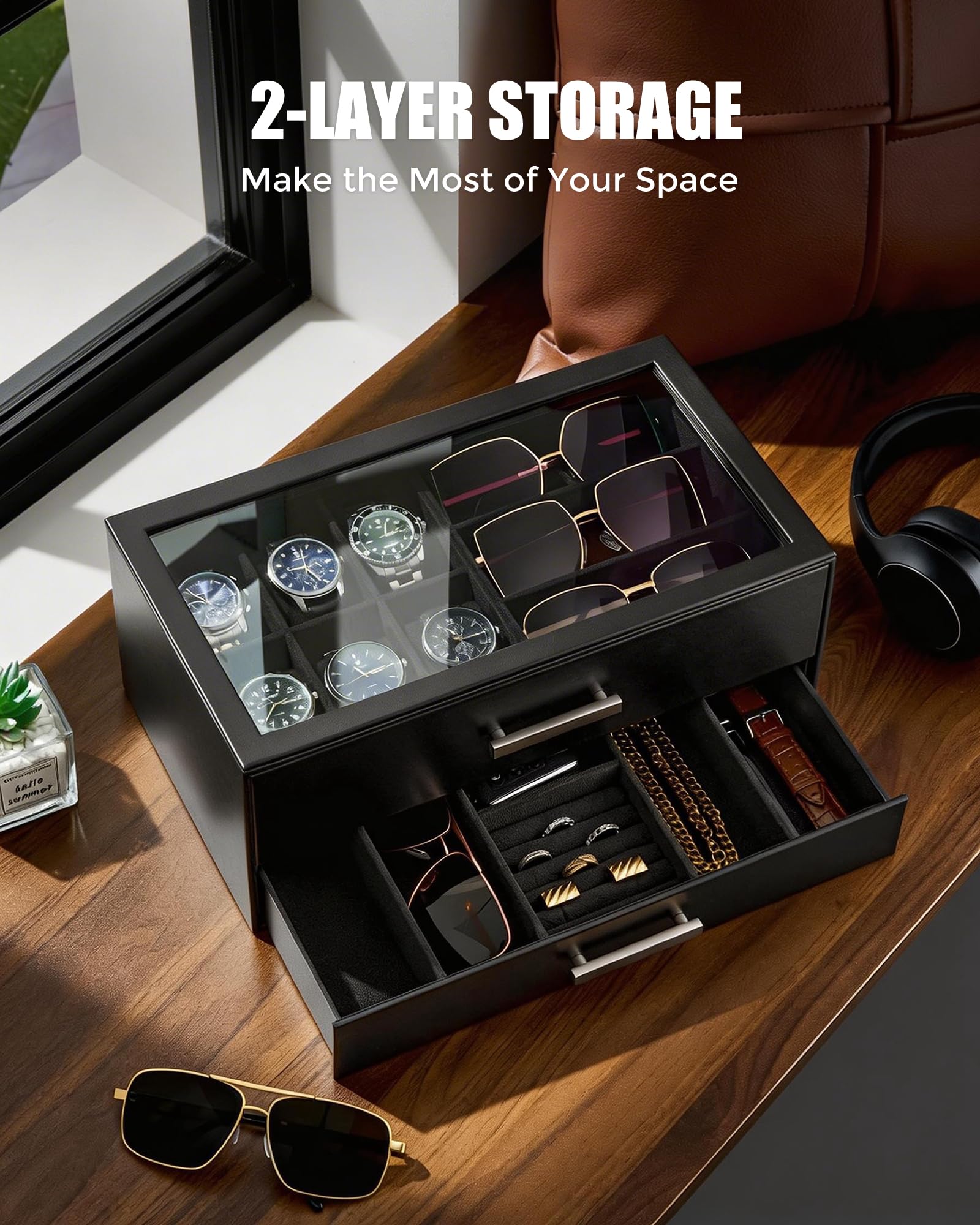 ProCase Caja para Relojes, Estuche para Relojes, Organizador de Joyas para Hombre, Almacenamiento de Joyas con Tapa de Cristal Transparente, 2 Niveles, Almacenamiento para Relojes, Gafas -Negro