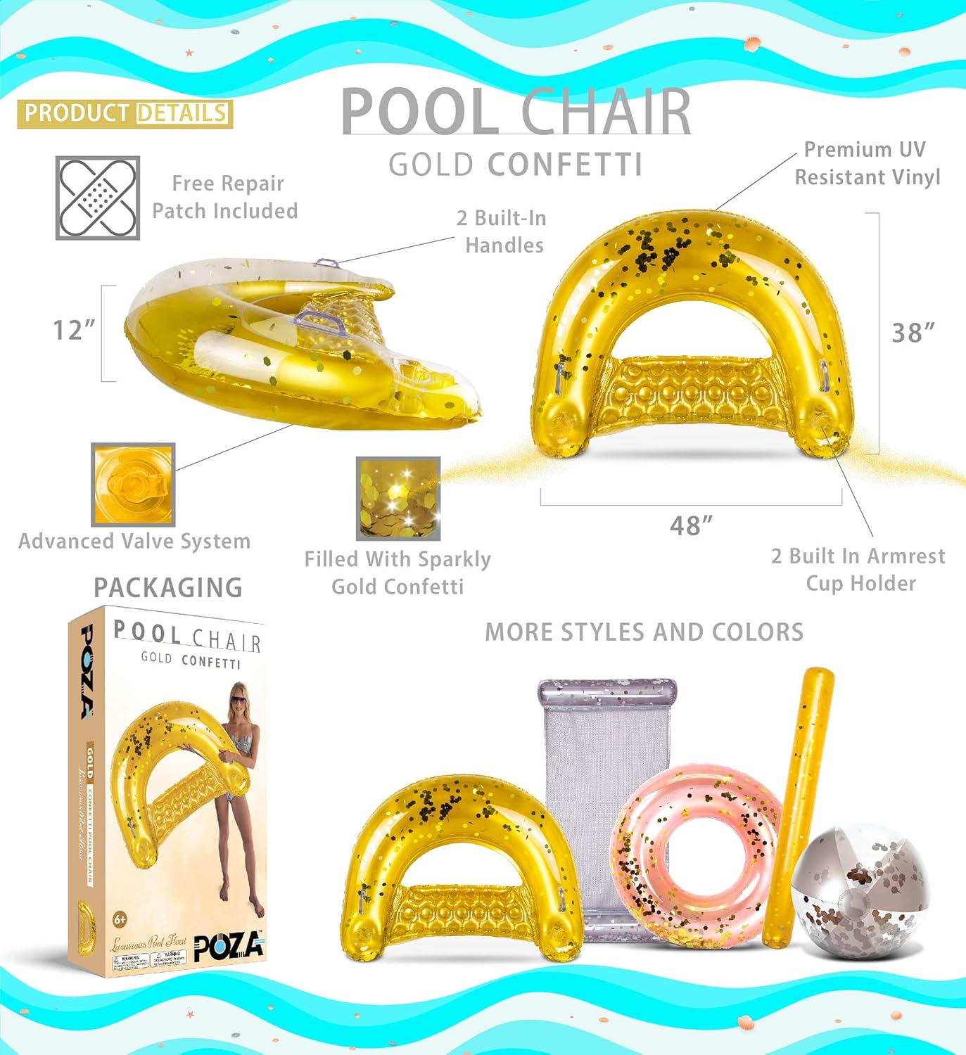 POZA Inflatable Pool Float Chair - Luxurious Lounger Filled with Sparkle Confetti, 2 Built in Cup Holders & Handles, Water Floating Chair for Beach, Lake & Swimming Pool - 48 x 38 Inch