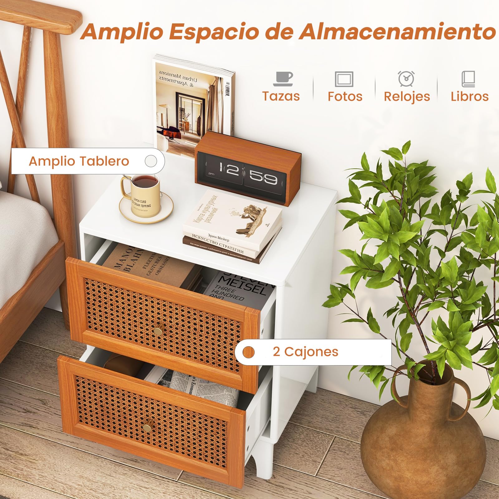 Mesitas De Noche Mesita De Noche Costway Con 2 Cajones De Ratán - Estilo Bohemio, Blanco Con Patas De Madera, Para Dormitorio Mesa Noche Costway Patas Madera