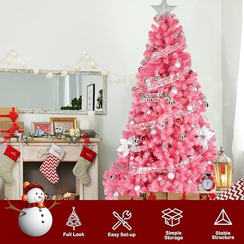 Miniatura 3 de Bonnlo Decoración navideña de árbol de Navidad artificial rosa de 6 pies con 1,600 puntas de rama, soporte de metal resistente
