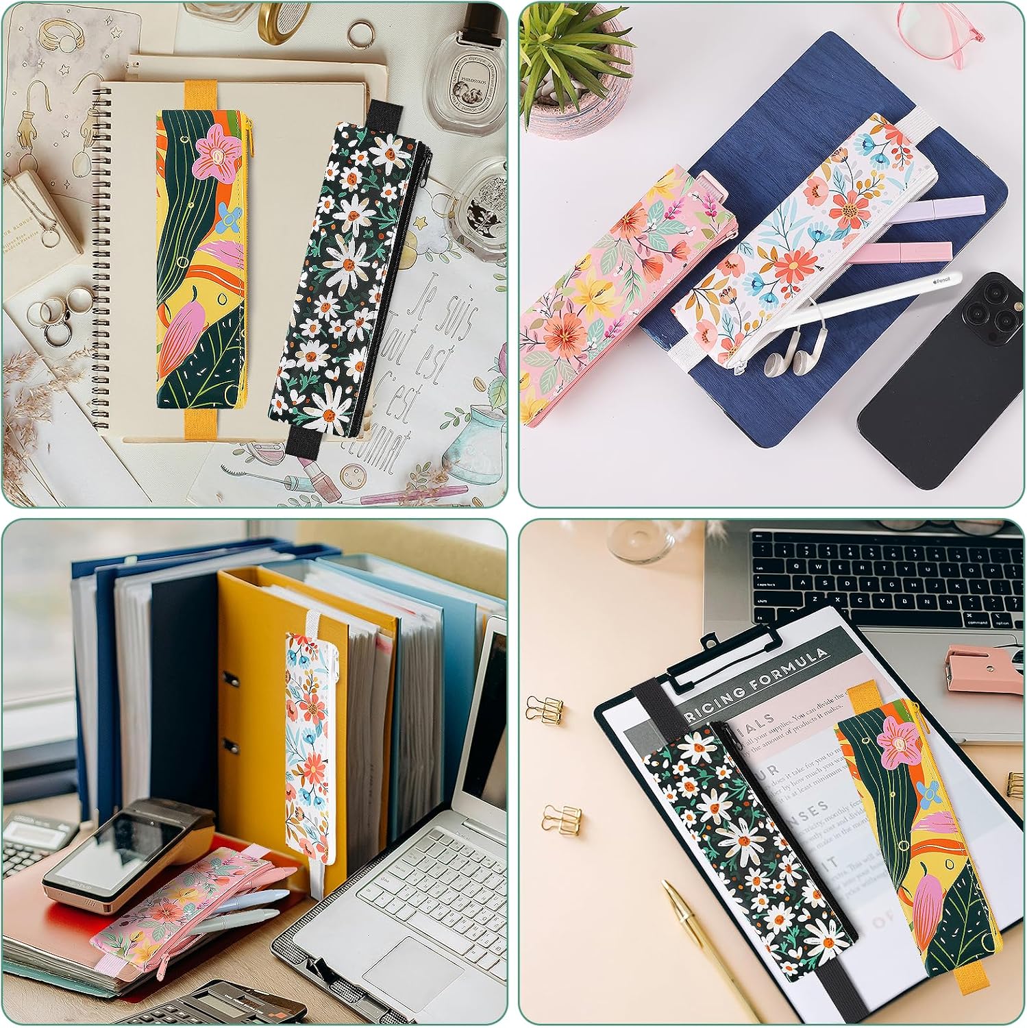 Elastic Pen Holder for Notebook, Bible Journaling, 4 Pack PU Leather Pen Holder with Adjustable Band, Zipper Pouch for Planners, Office Supplies (Floral Botanical) image 5