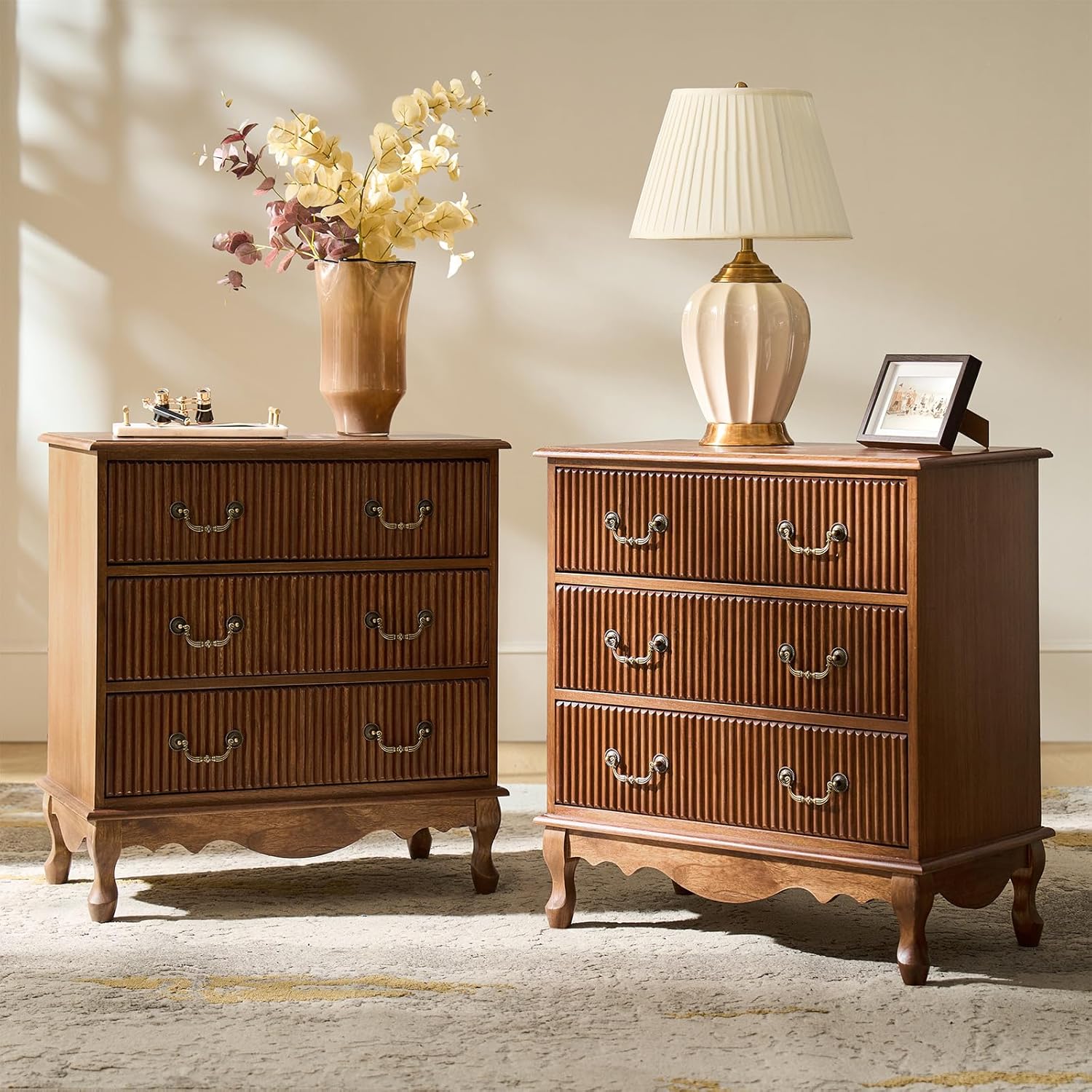 HULALA HOME Transitional Side Table Set of 2 with 3 Drawers and Charging Station, 28" Solid Paulownia Wood Sidetable with Vertical Stripe, Cherry